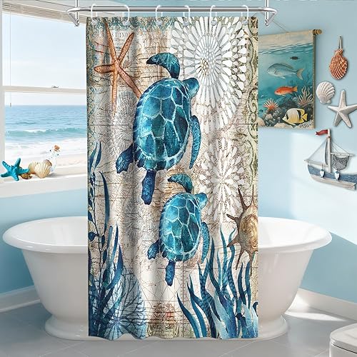 Vista 23 de Cortina de ducha de tortugas marinas, temática náutica de playa, verde y verde azulado, sin ganchos, punto gofre y forro desmontable, decoración