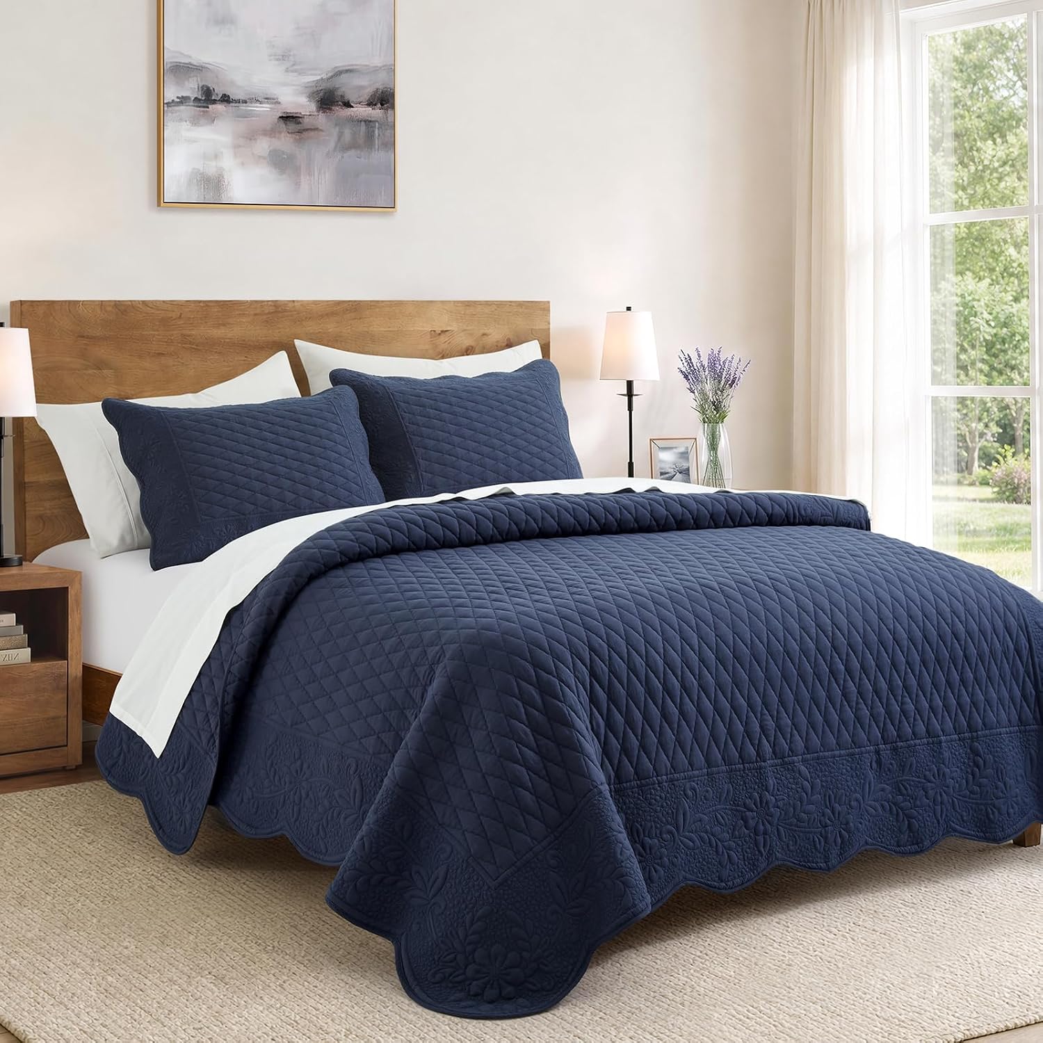 HORIMOTE HOME Navy Pre-Washed Quilt Set Queen Size, Embroidered Scalloped Edge Diamond Quilted Bedspread with Matching Pillow Shams, Soft Lightweight Coverlet for Modern Farmhouse Bedroom, All Season image 2