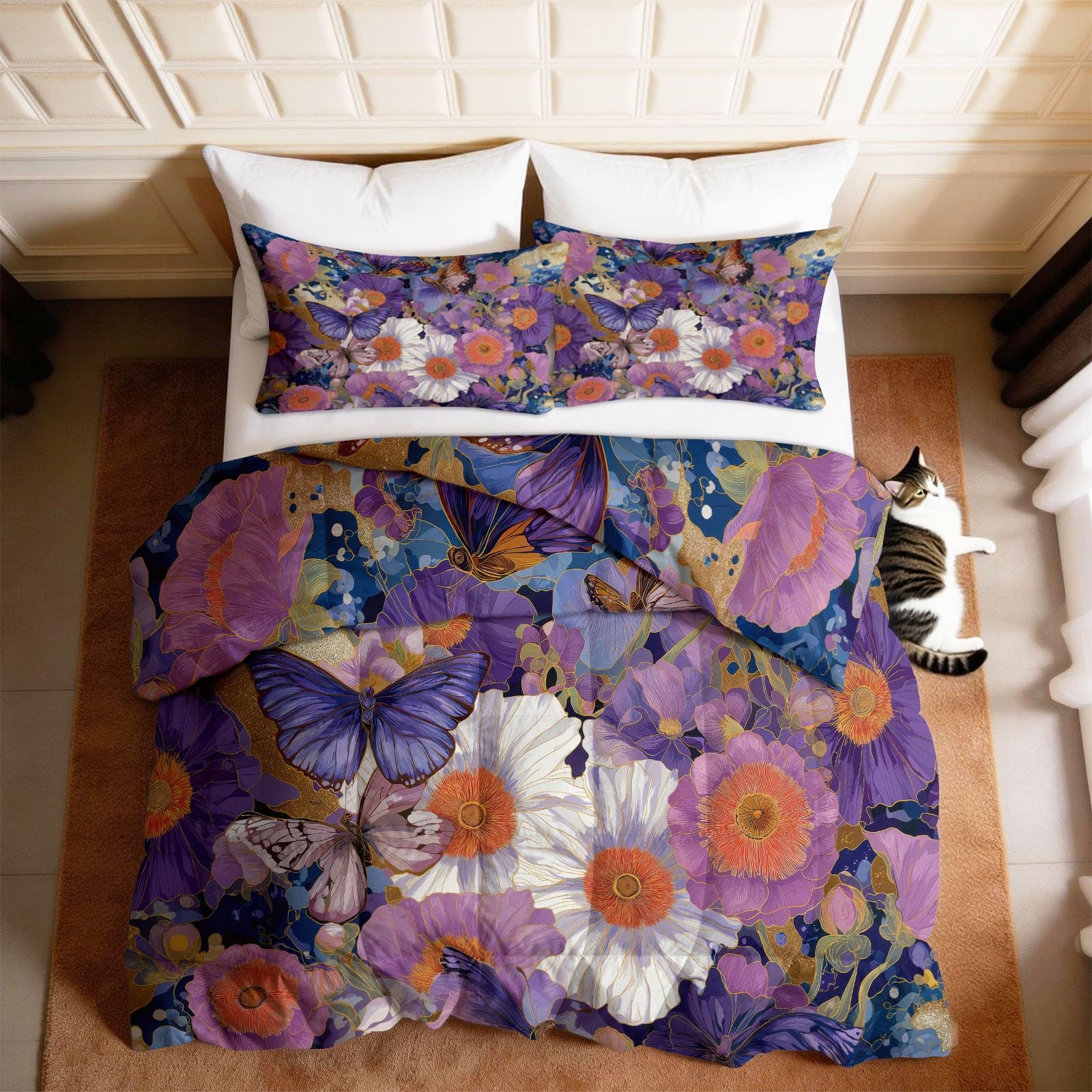 Edredón acolchado de dibujos animados 200x200 cm con fundas de almohada de mariposas y flores