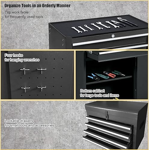 Miniatura 3 de Cofre de herramientas con ruedas de 5 cajones, organizador de caja de herramientas grande, armario de herramientas extraíble con cerradura para