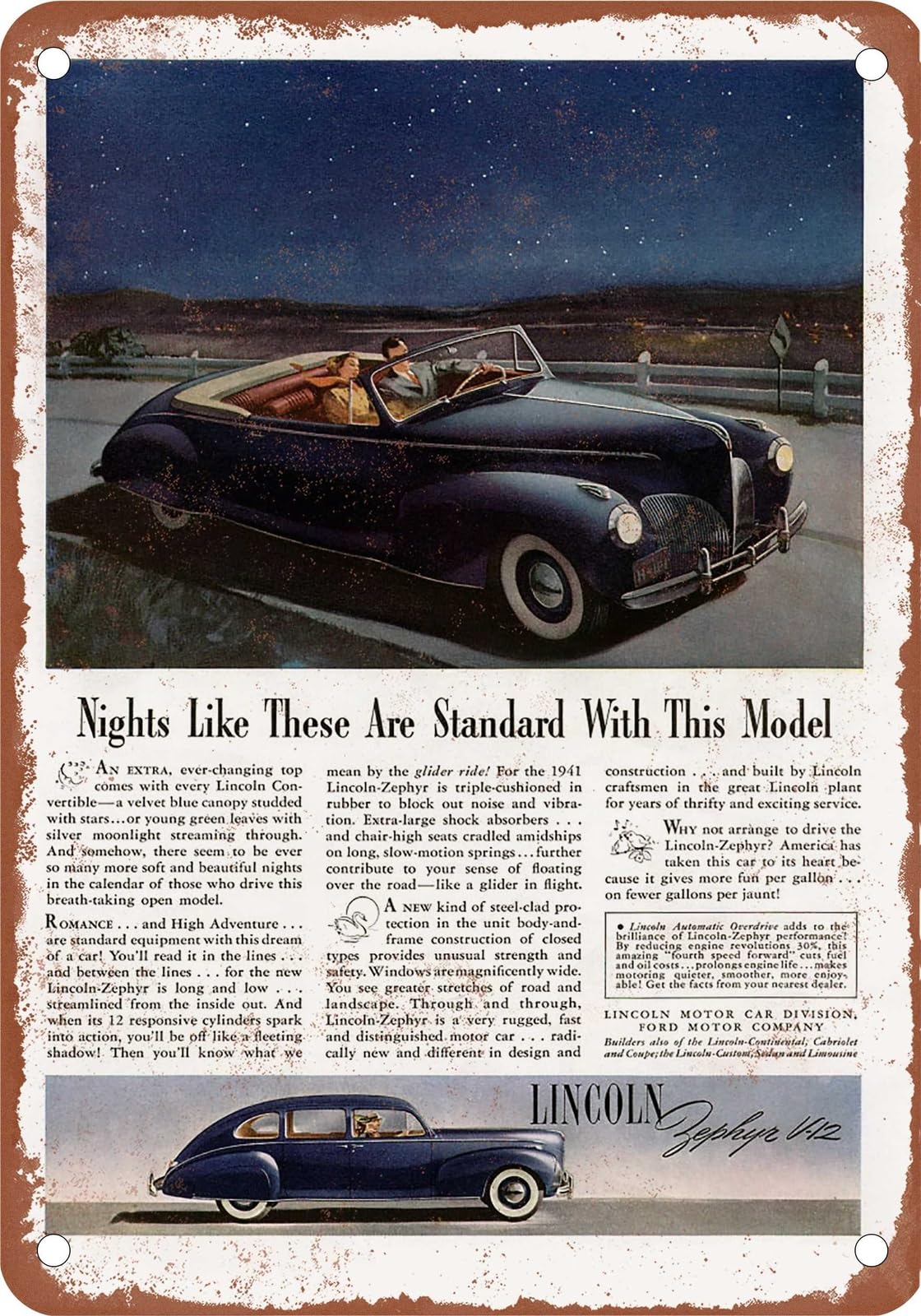 Miaomansenstore Metal Sign - 1941 Lincoln Zephyr Vintage Ad 04 - Old Retro Rusty Look Home Decor
