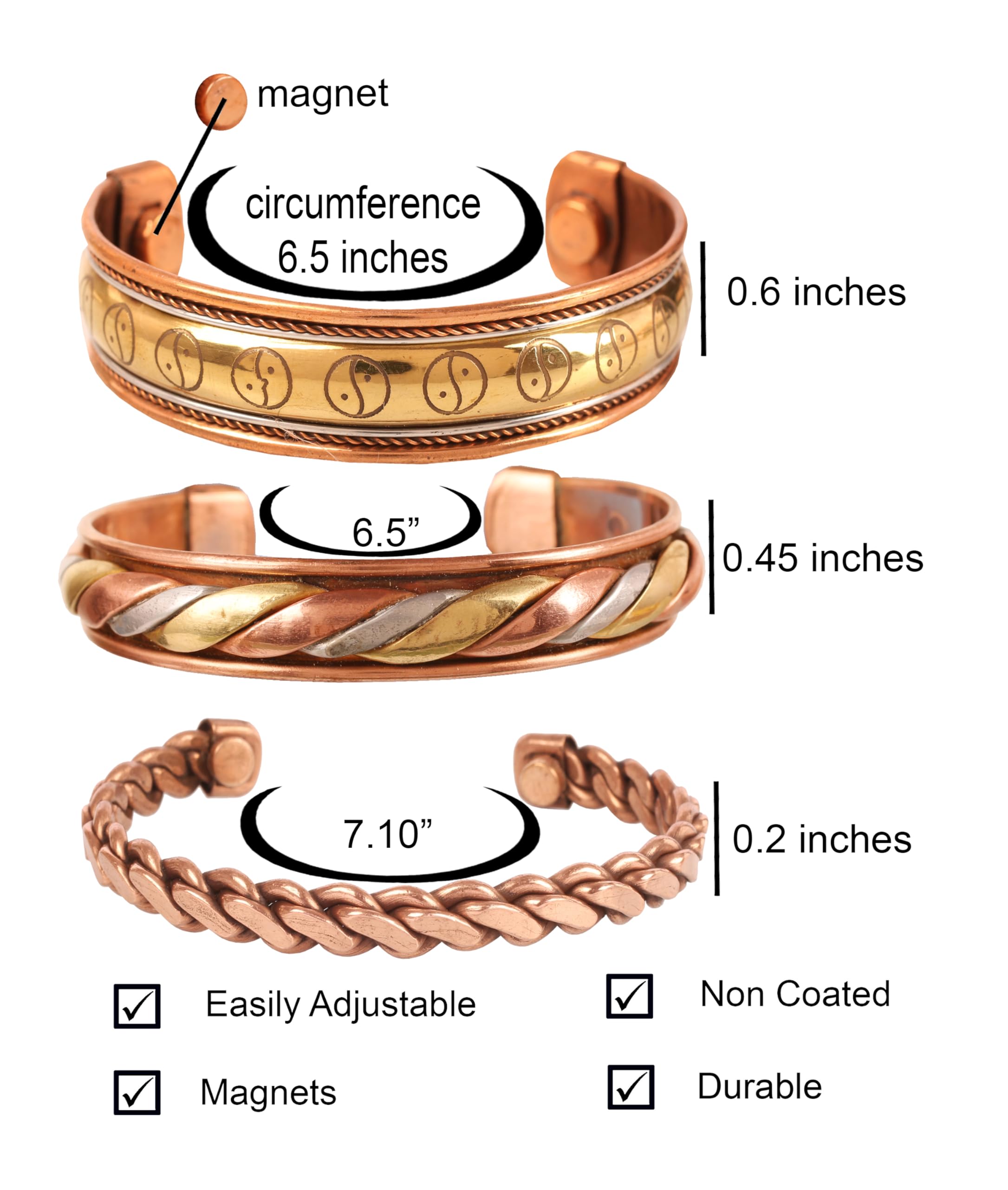 Touchstone Copper magnetic healing bracelet Tibetan style. Hand forged with solid and high gauge pure copper. Set of 3 different designs in 3 metals.