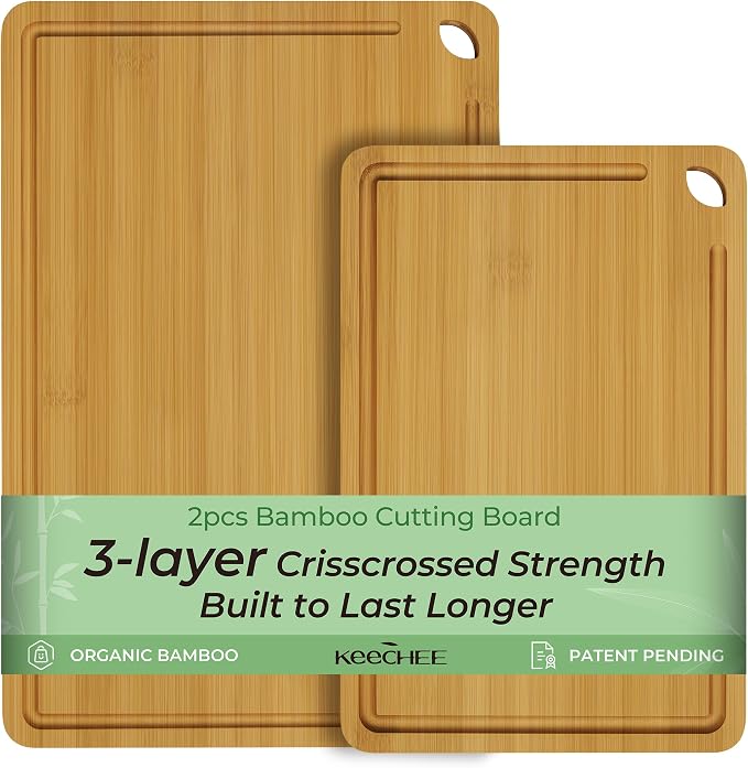 Wood Cutting Board for Kitchen - Reversible Bamboo Cutting Boards Gift Set of 3 with Juice Groove, Wooden Chopping Board for Meat, Fruit, Vegetables & Cheese (Pre Oiled, Natural)