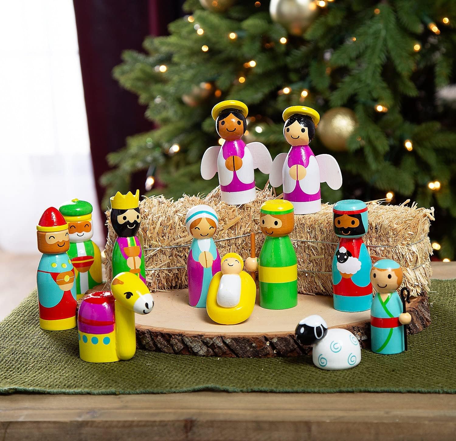 Fun Express Bright Nativity Tabletop Set, 12 Piece Set, Christmas Decorations, Wooden Pieces