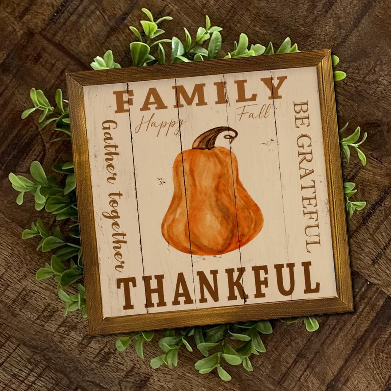 Be Grateful Thankful Family Gather Together Framed Wood Signs Thanksgiving Pumpkin Wall Art Sign Classic Autumn Harvest Wall Art Hanging Farmhouse Decoration Plaque for Living Room Table 12x12 inch