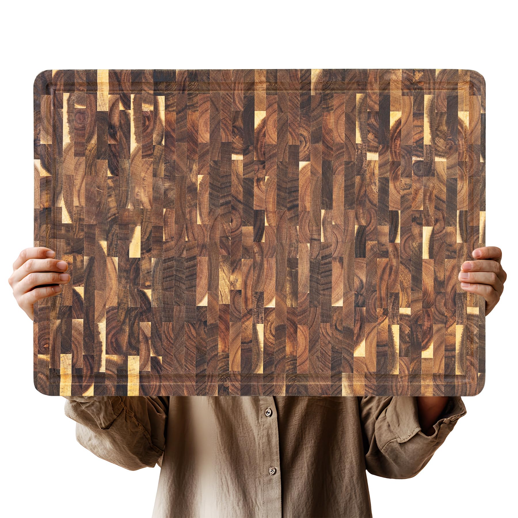 Utoplike Großes Akazienholz-Schneidebrett 56x40,5x3,5cm,Küchen-Schneidbrett | Größter Holz-Metzgerblock für Truthahn, Schneidebrett mit Griff und einseitiger Saftrinne