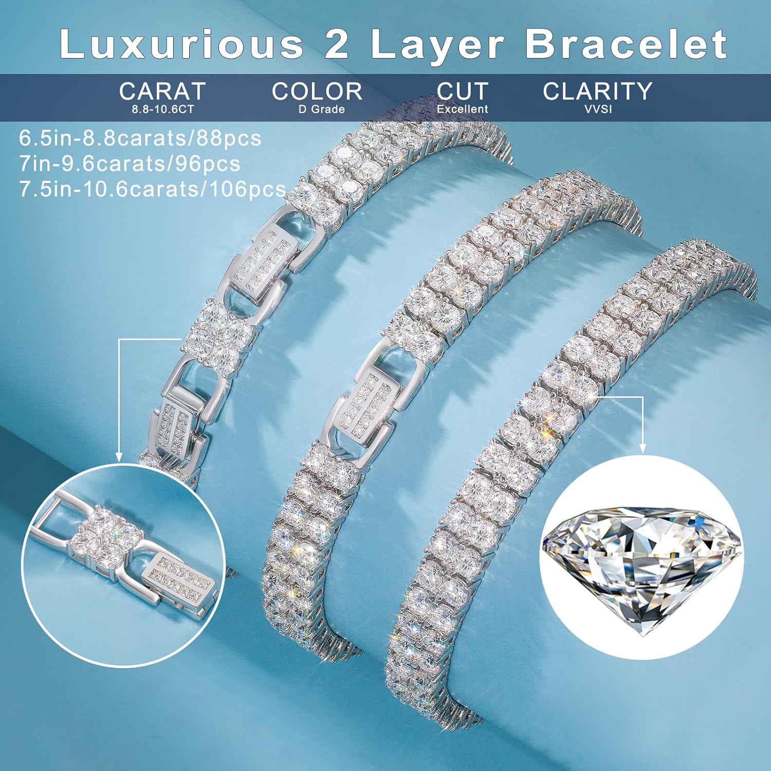 YIMERAIRE 2 Row Moissanite Tennis Bracelet w/Extender Link, 3.2Ct-17.0Ct Lab Created Moissanite Bracelet For Women S925 Sterling Silver D Color VVS1 6.5Inch/7Inch/7.5Inch - Image 2