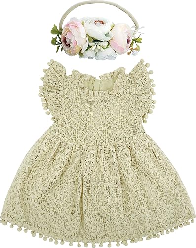 BGFKS Vestido de tutú para niña, elegante encaje con pompones, manga con volantes y diadema de flores