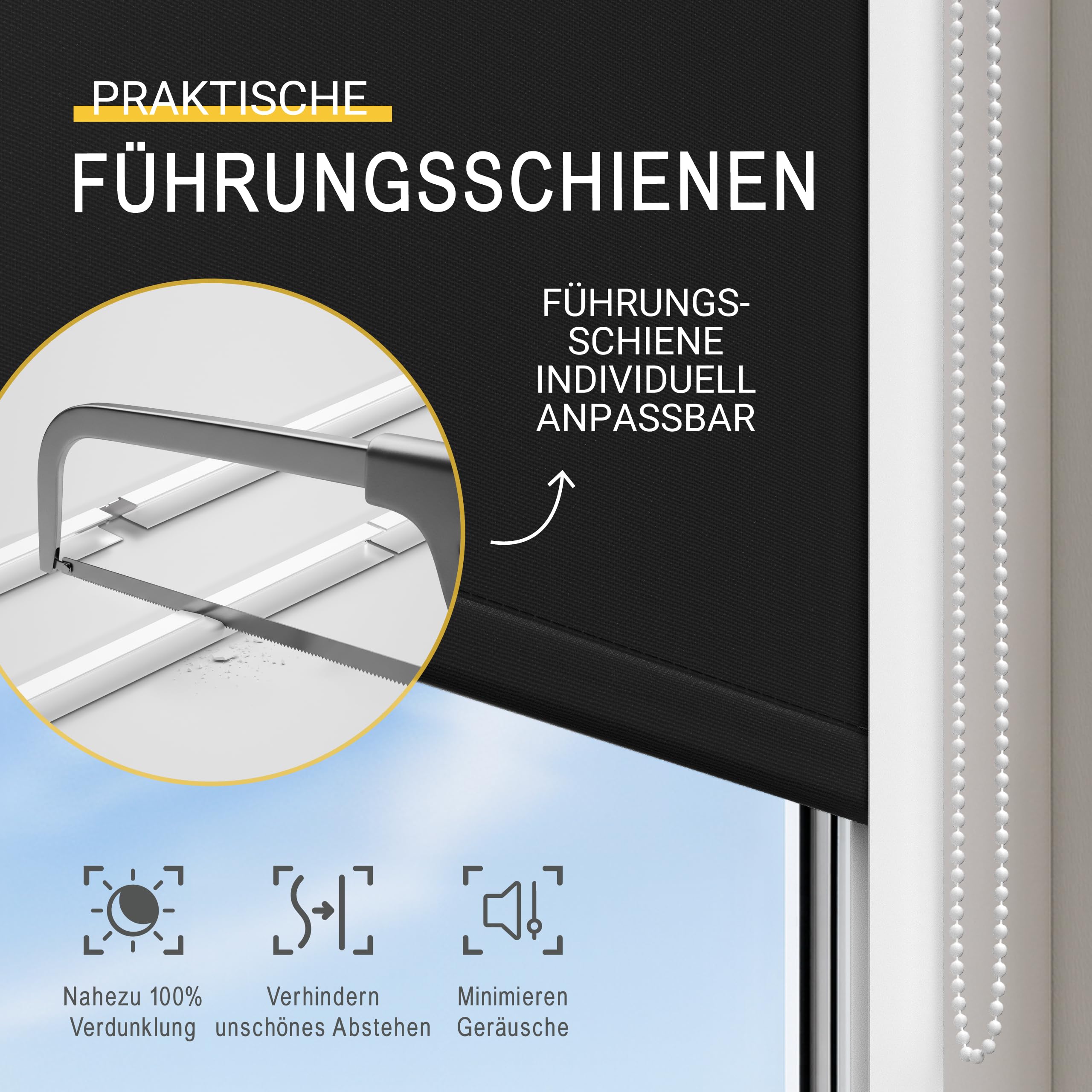 Sol Royal Kassettenrollo mit Führungsschiene Blackout Thermorollo Bohren | 100x175cm Schwarz seitliche Führungsschienen Verdunkelungsrollo 100cm breit Befestigung Verdunklungsrollo SolReflect K24