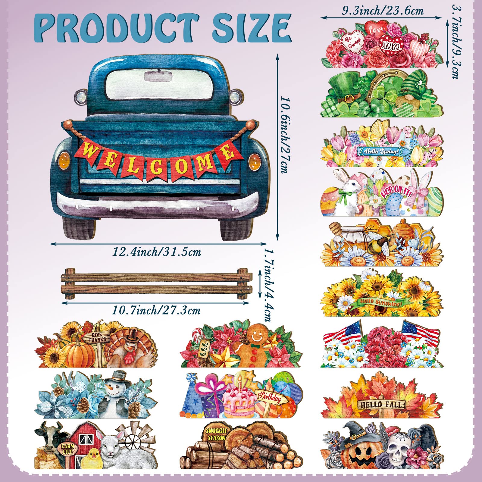 Kigley Seasonal Interchangeable Welcome Sign for Front Door Farmhouse Truck Hanging Signs Rustic Holiday Decor with 15 Holiday Icons for Christmas Thanksgiving Party