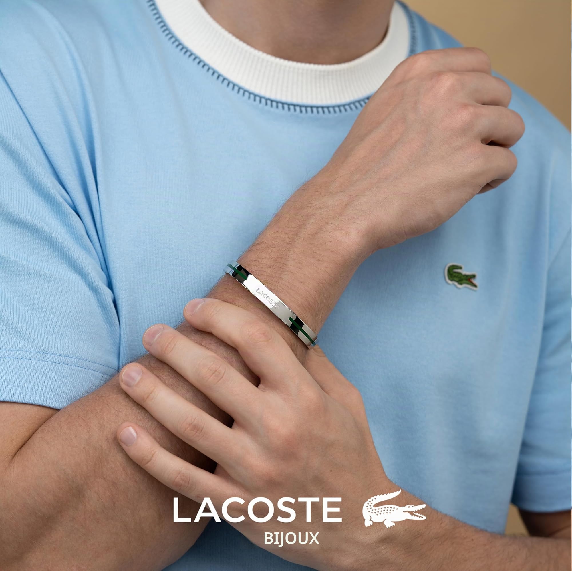 Lacoste Bracelet Rigide Ouvert pour Homme Collection ADVENTURER en Acier Inoxydable - Disponible en Argent ou Or