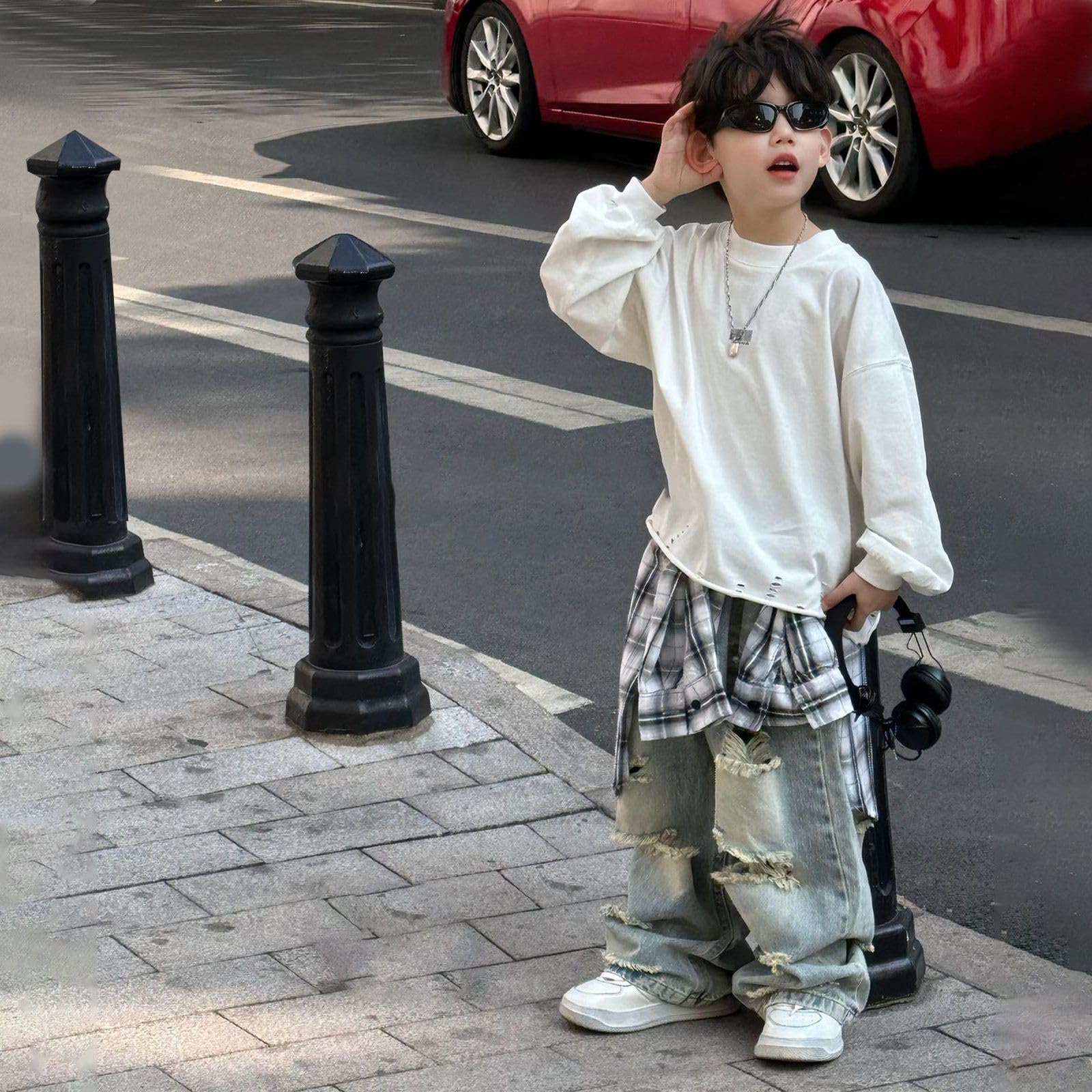 Generico Jeans Baggy Ragazzo-Jeans per Bambini, Pantaloni in Denim Strappati, Stile Casual, da Strada, Stile, con Dettagli Strappati, Comodi Pantaloni Lunghi Elasticizzati per l'uso Quotidiano