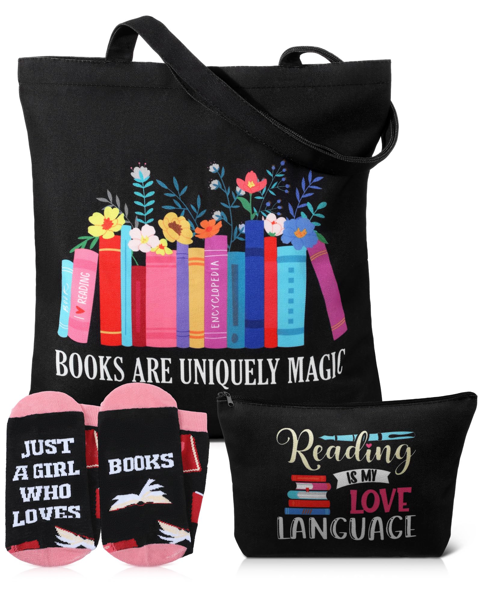 Huhumy 3 Pcs Book Lovers Gifts for Women Library Themed Tote Bag Bookish Socks Cosmetic Bag Reusable Grocery Bags Mothers Day Birthday Bookish Gifts