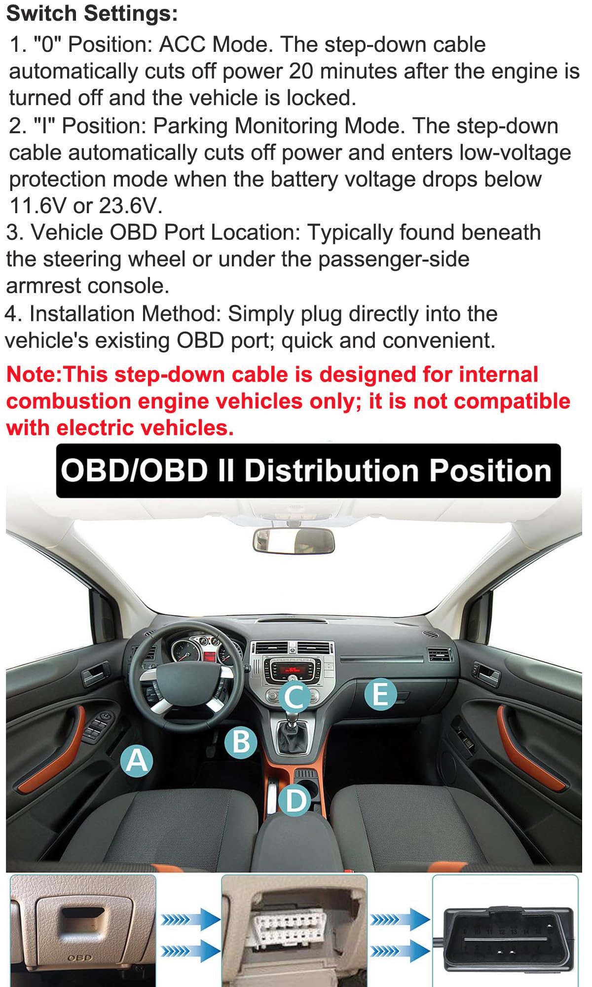 Gebildet Zestaw typu-C USB Dash Cam OBD Hardwire z kablem zasilającym OBD do kamery samochodowej 12–24V do 5V/3A z zabezpieczeniem przed niskim napięciem, 24-godzinny monitoring parkingowy/tryb Acc