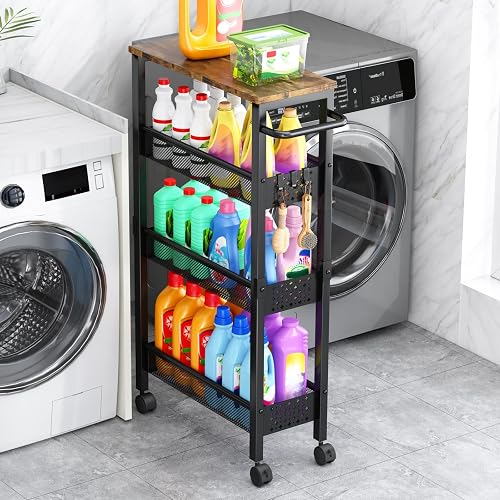 Vivihomety 4-Tier Slim Utility Rolling Laundry Cart with Wheels, Metal | Narrow 7.1' wide, Lockable wheels, wood top pan
