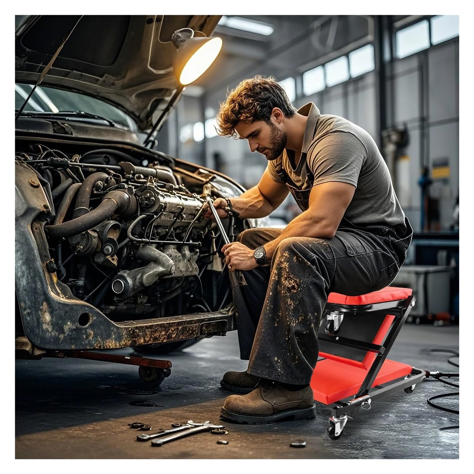 Tabla de reparación de automóviles Banco de reparación automóviles Plegable 91 cm con 6 Ruedas, Asiento Tipo Camilla for mecánico, for Taller y Garaje