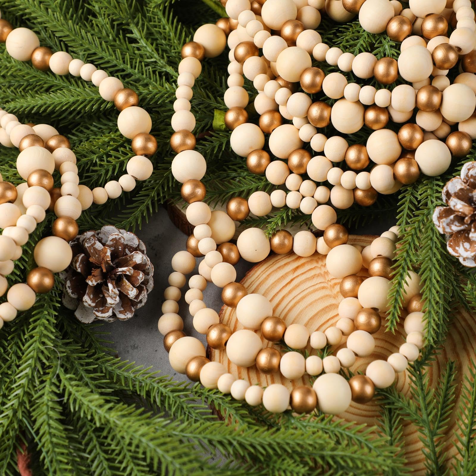 Briwooody Guirnalda de cuentas de madera de Navidad de 27 pies de largo, 3 piezas de guirnalda de árbol de Navidad de madera de 9 pies, guirnaldas de cuentas vintage para Navidad, boda, vacaciones