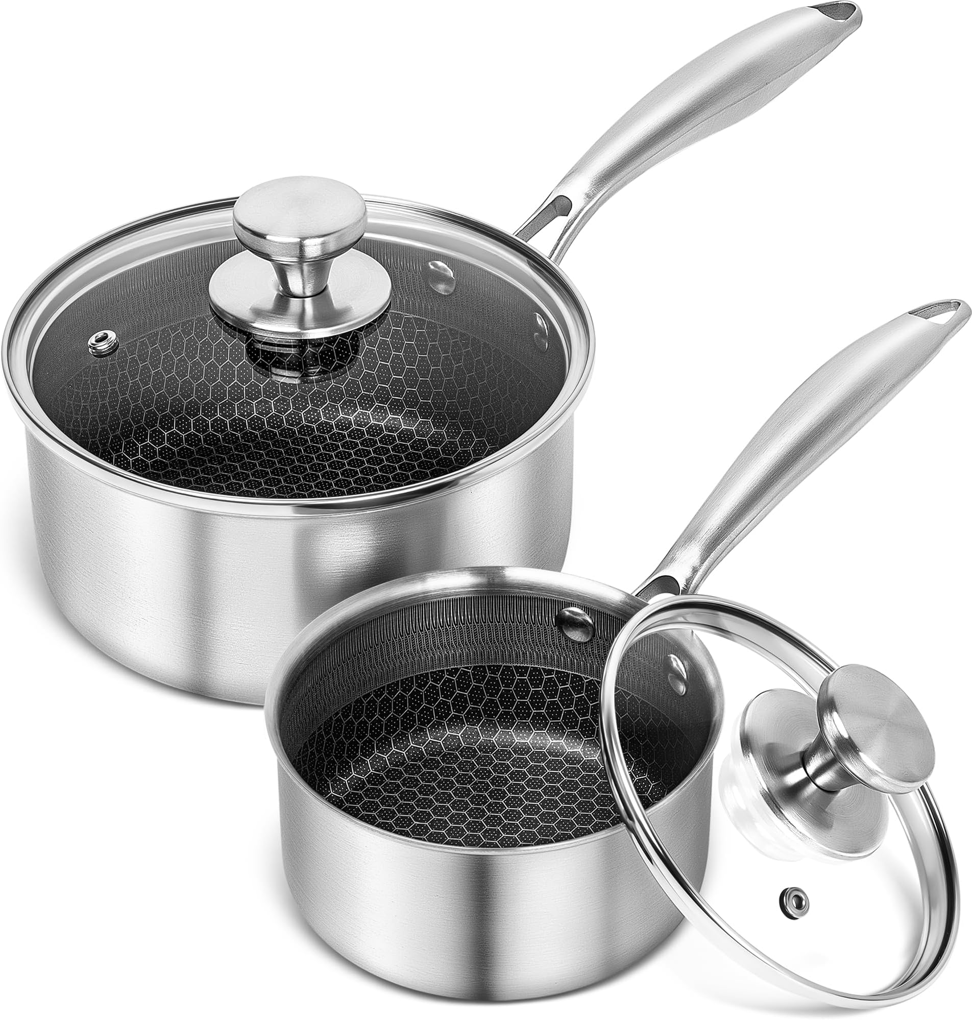 Stainless Steel Saucepan Set 1QT & 2QT, Premium Triple Ply Sauce Pan with Lid, Sauce Pot with Honeycomb Interior - 4pcs
