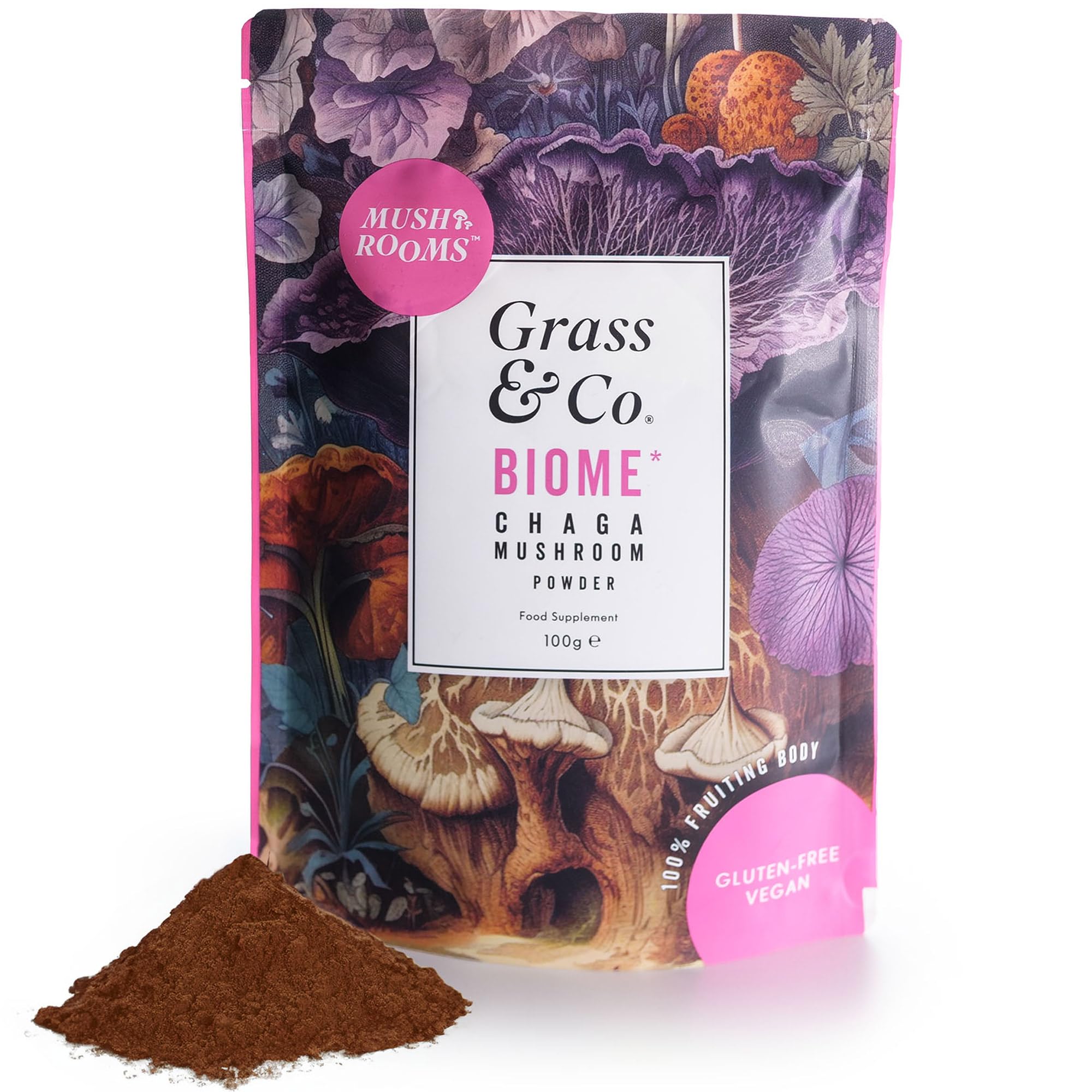 Grass & Co. | BIOME Chaga Mushroom & Turmeric Powder | 1867mg Chaga, 1000mg Turmeric & 500mg Ginger | All-in-One Gut Health, Digestion & Immunity Support | 46 Servings