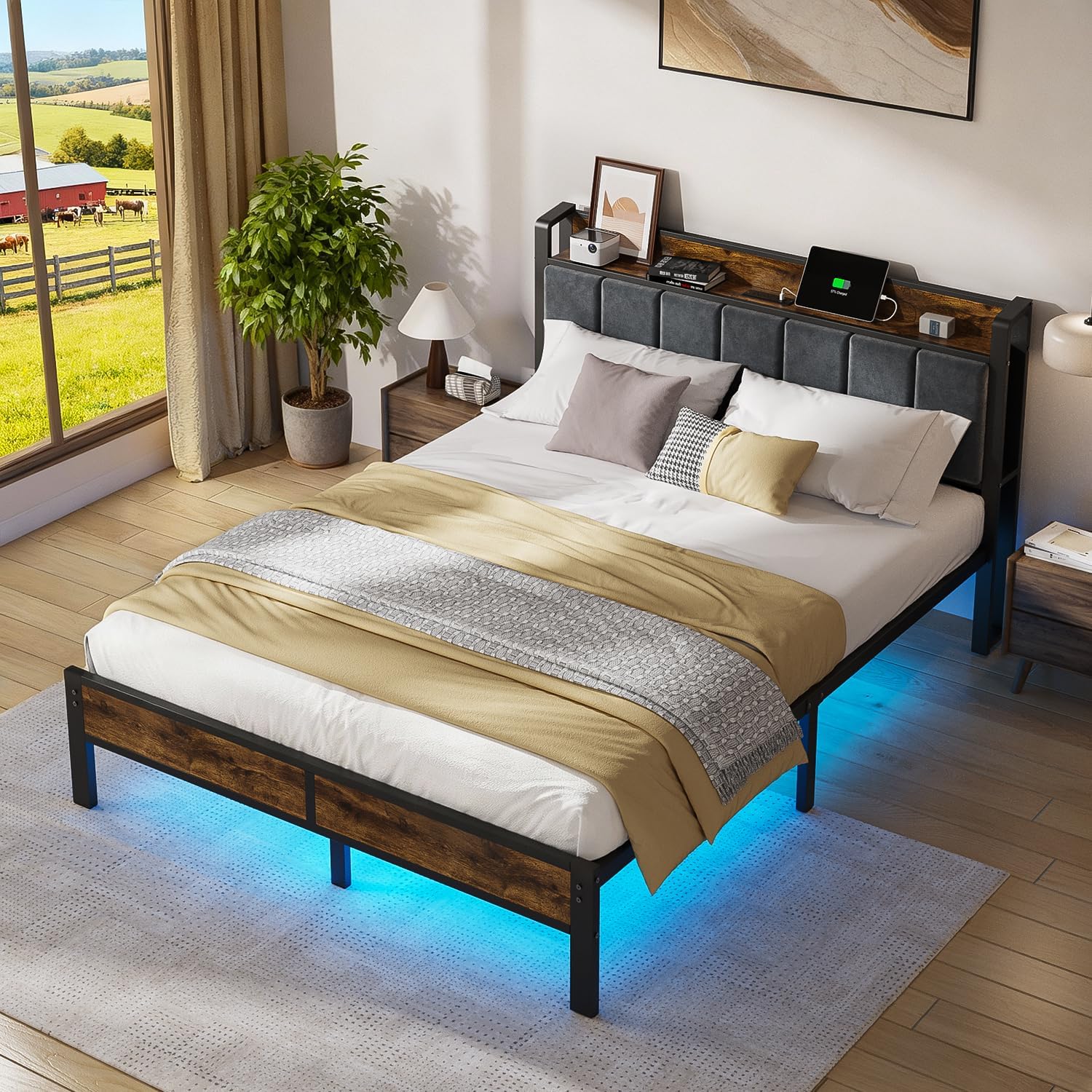 ALBERTO Queen Size Bed Frame with LED Lights, Upholstered Headboard with Storage and Charging Station, Metal Platform with Slats, No Box Spring Needed, Easy Assembly - Image 3