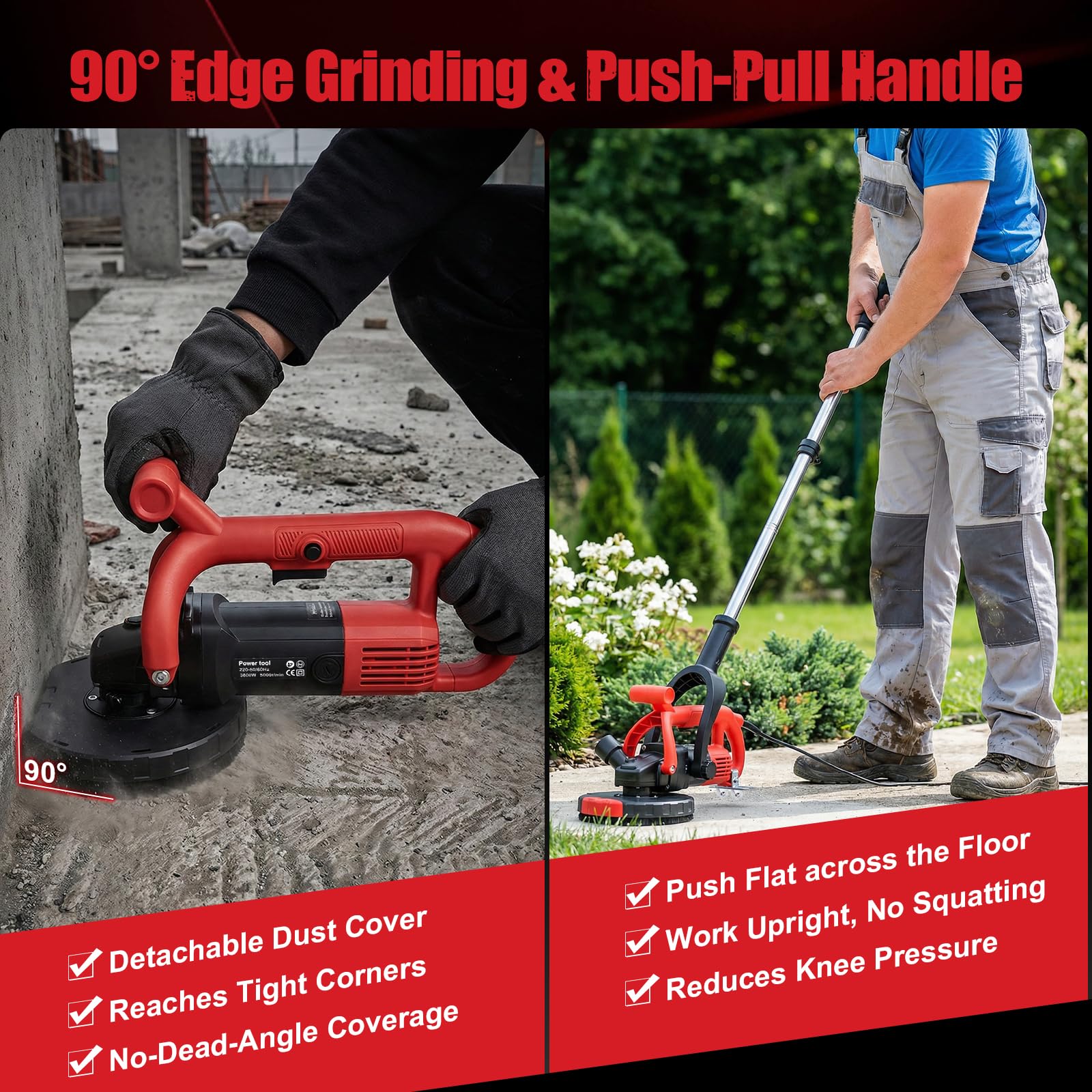 Ponceuse à Béton 3800W 6 Vitesses, max 5000 tr/min, 4 Meules, Meuleuse à Béton Sol Professionnelle Diamant Ø180mm, Manche Long avec Capot Aspiration Antipoussière pour Décapage Béton Colle Carrelage