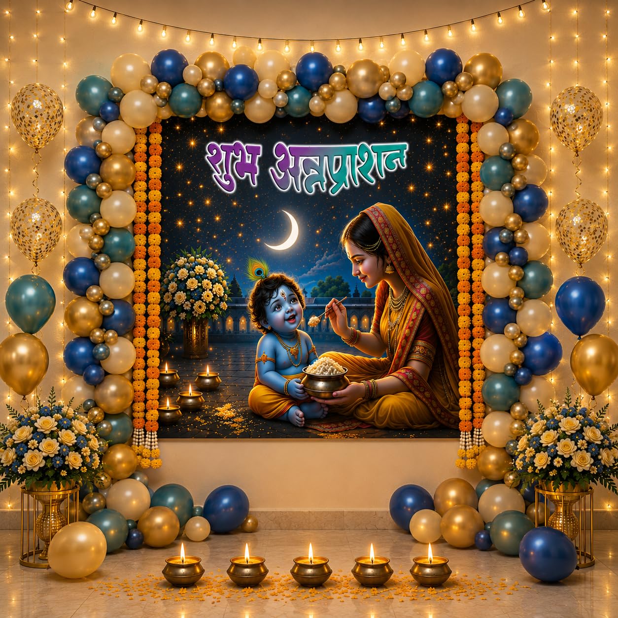 Shubh Annaprashan Backdrop Cloth 5x3 ft | Baby Rice Ceremony Decoration Banner(Fabric) | Krishna Theme Digital Print Fabric Poster | Annaprashan Ceremony Wall Decoration for Baby Boy & Girl-image-17