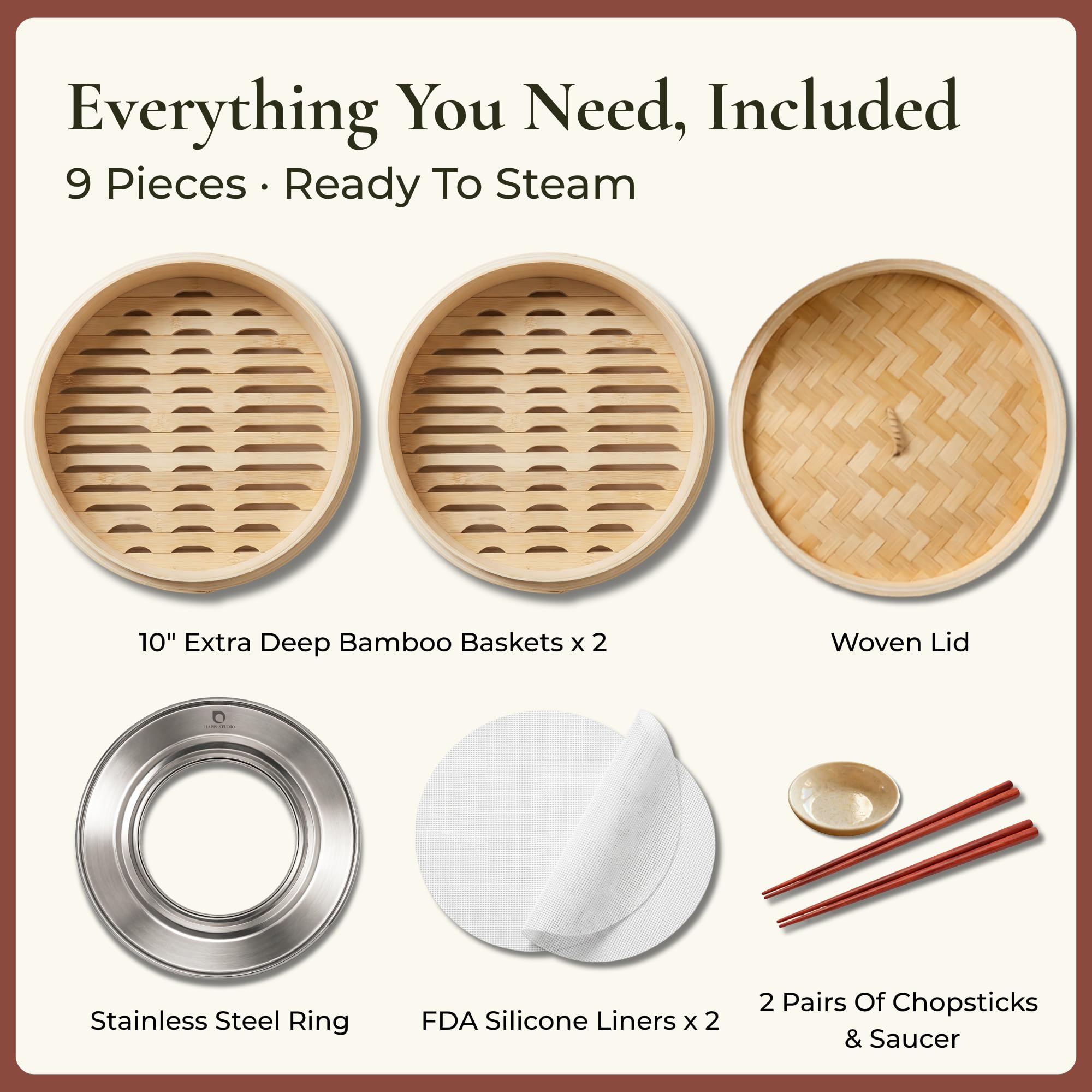 HAPPi STUDIO Bamboo Steamer Basket 10 inch and 304 Stainless Steel Steamer Ring Set - 100% Natural Handmade 2-Tier Dumpling Steamer for Cooking Dim sum, Bao Bun - Cotton Liners Included - Extra Deep