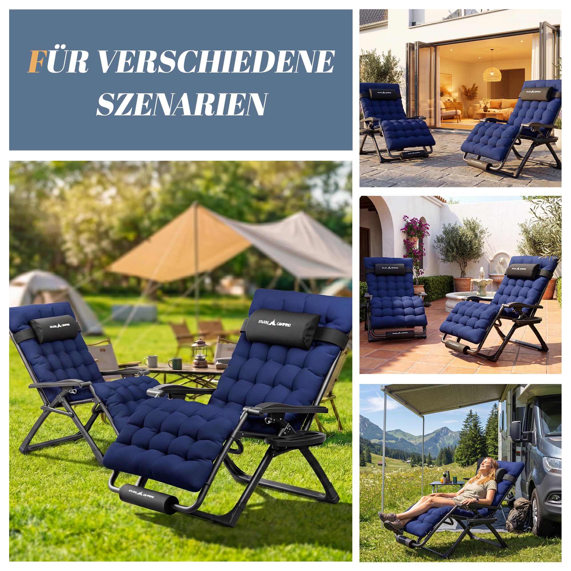 UDPATIO Sedia a sdraio pieghevole con supporto per bevande, sedia da giardino con cuscino, sedia a sdraio, extra grande, schienale regolabile (blu marino, misura XX)