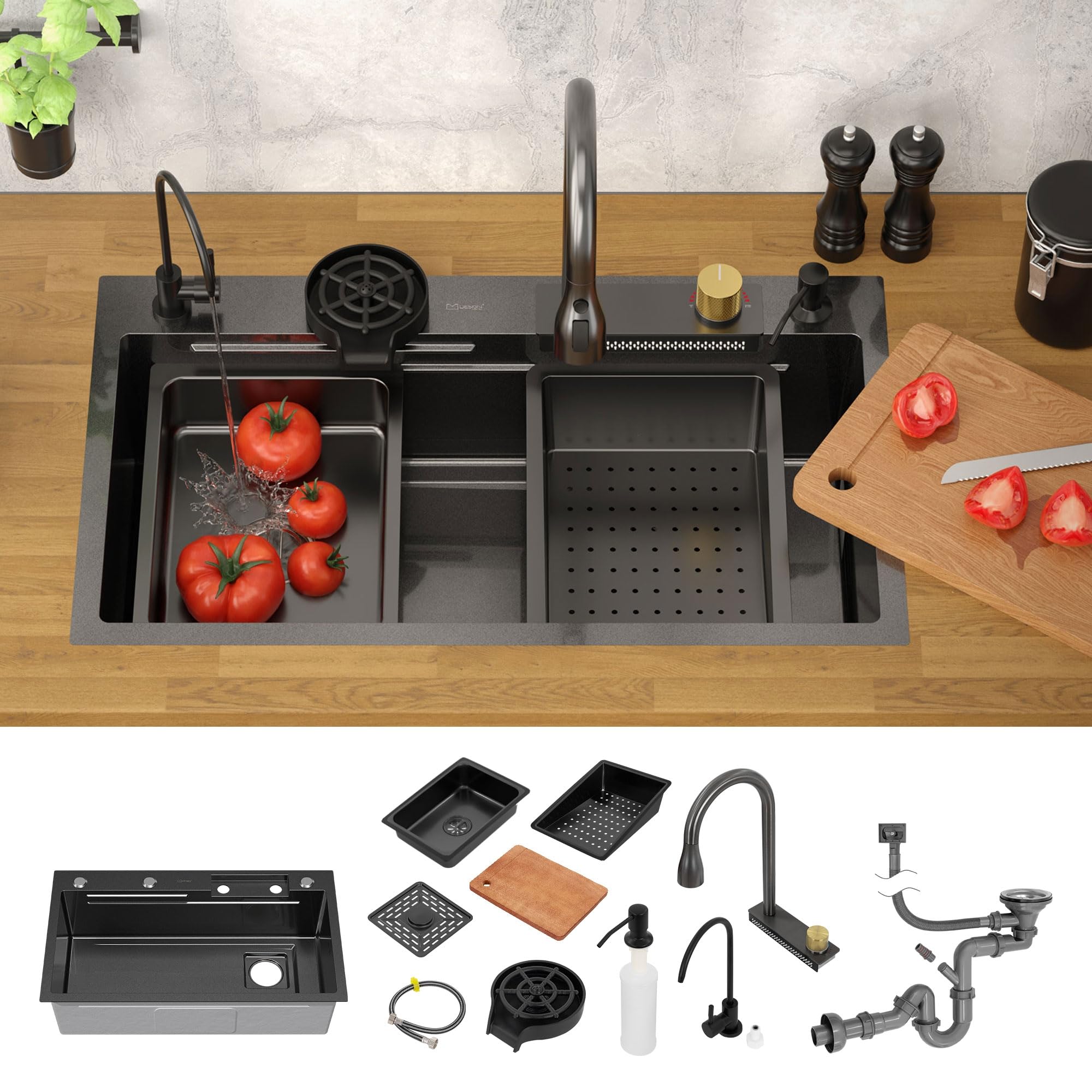 ML-Design Évier Multifonction Inox 80x46 cm Anthracite, Évier de Cuisine Encastré Rectangulaire, avec Robinet avec Douchette Extractible Distributeur de Savon et Autres Accessoires, 1 Bac Lavabo