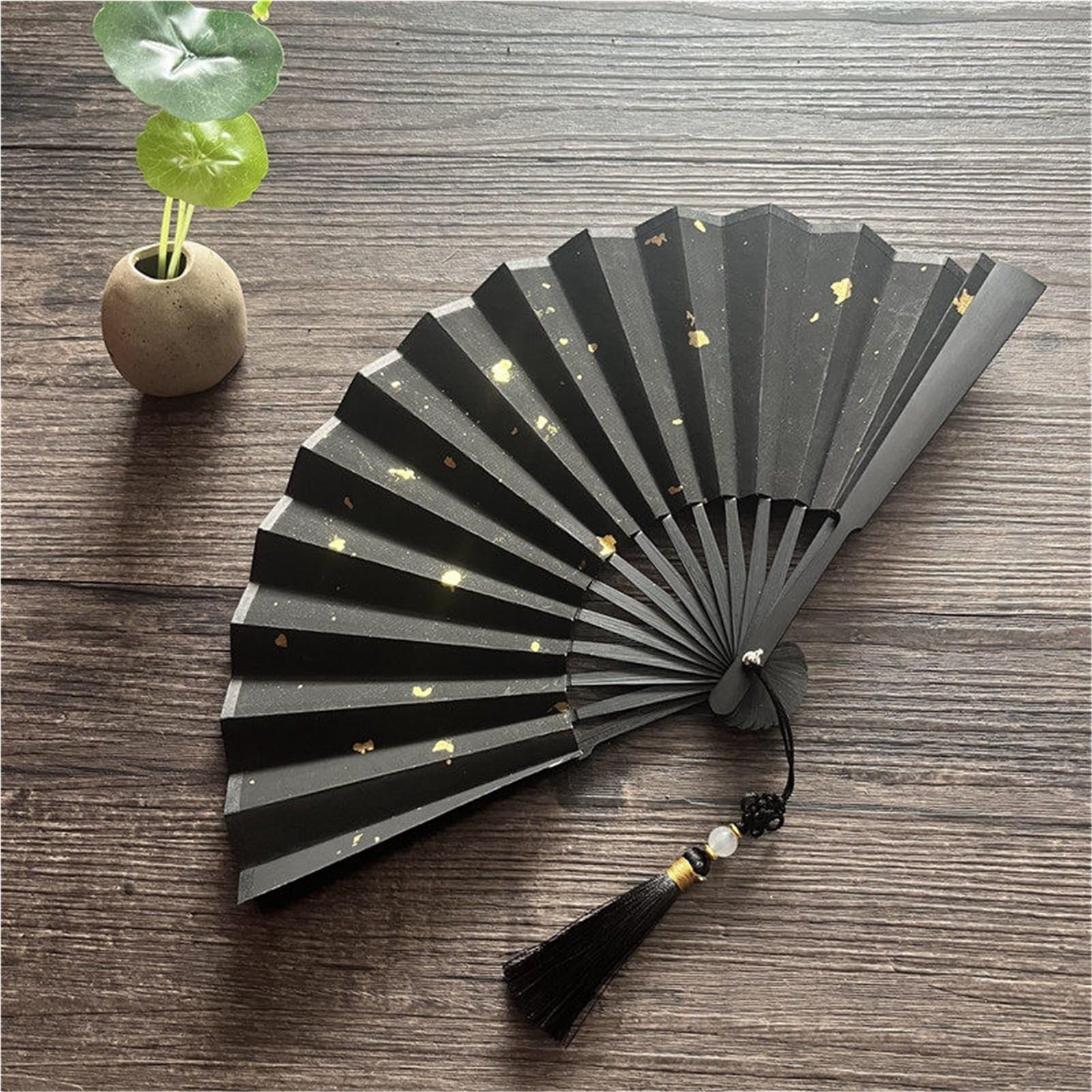 SXTYYH Folding Hand Fan Tassel, Mini Classical Multicolor Gold Sprinkled Xuan Paper Handheld Fan for Women Foldable, Folding Fans for Line Dancing, Hanfu Photo Prop(5in,Black)