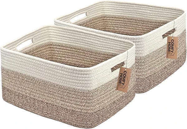 COMFY-HOMI 2 pcs Large Storage Baskets for Shelves, Laundry Basket, Woven Rope Basket, Closet Organizer Bins for Clothes Blanket Towels, Baby Nursery, Gift Toy Baskets, 17” x 13” x 7.5”-Whit