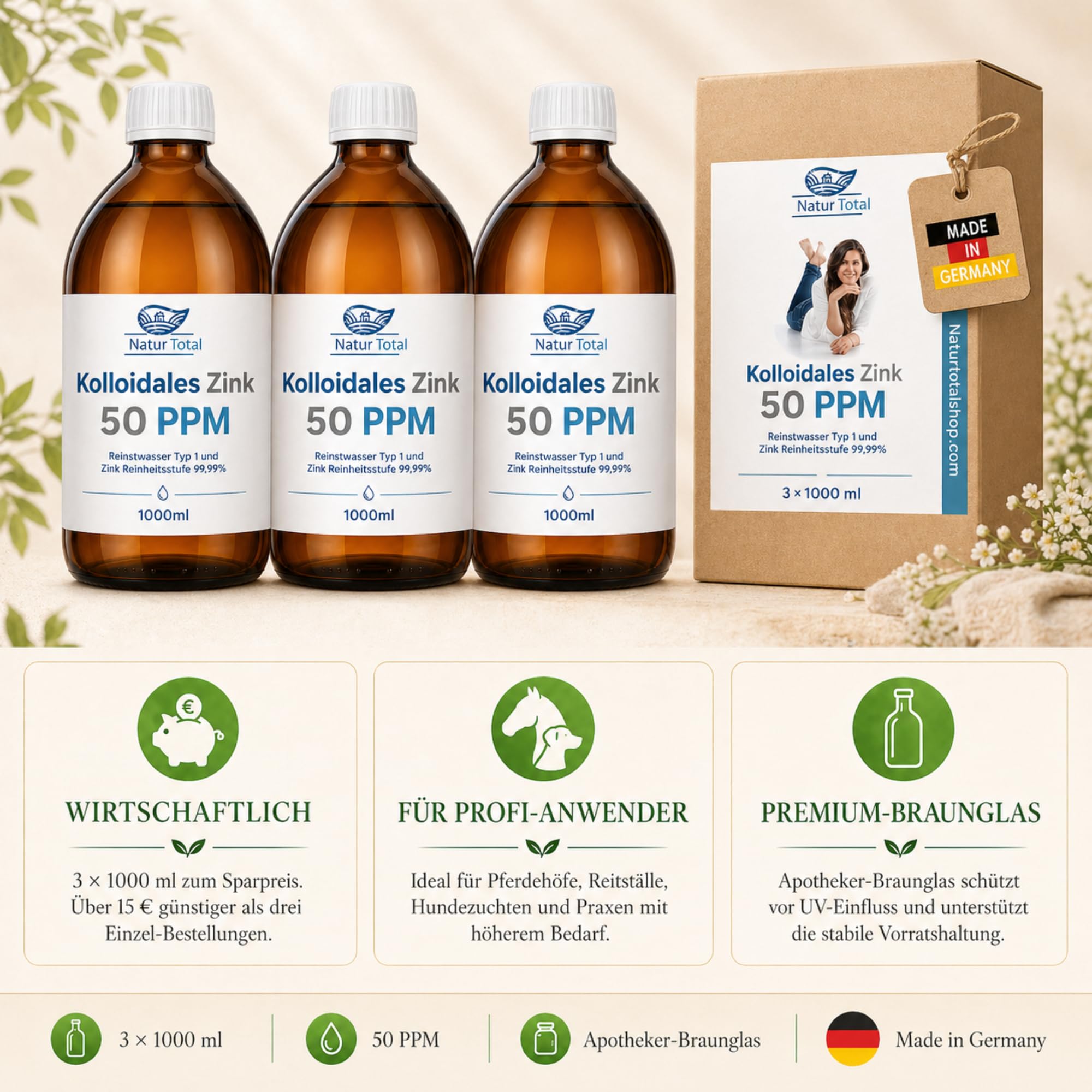 Natur Total Kolloidales Zink 50 PPM 3x1000ml XXL-Profi-Set | 3 Apotheker-Braunglasflaschen | Reinstwasser Typ 1 | 99,99% Zink | Für Pferdehöfe, Praxen & Vielnutzer | Made in Germany seit 2011