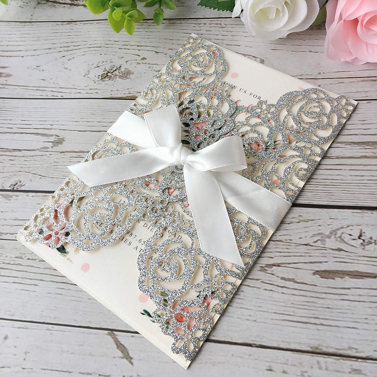 20 Pezzi Invito a nozze tagliati al laser Argento con busta bowknot per matrimonio partecipazioni di nozze, 20 pezzi (Glitter Argento)