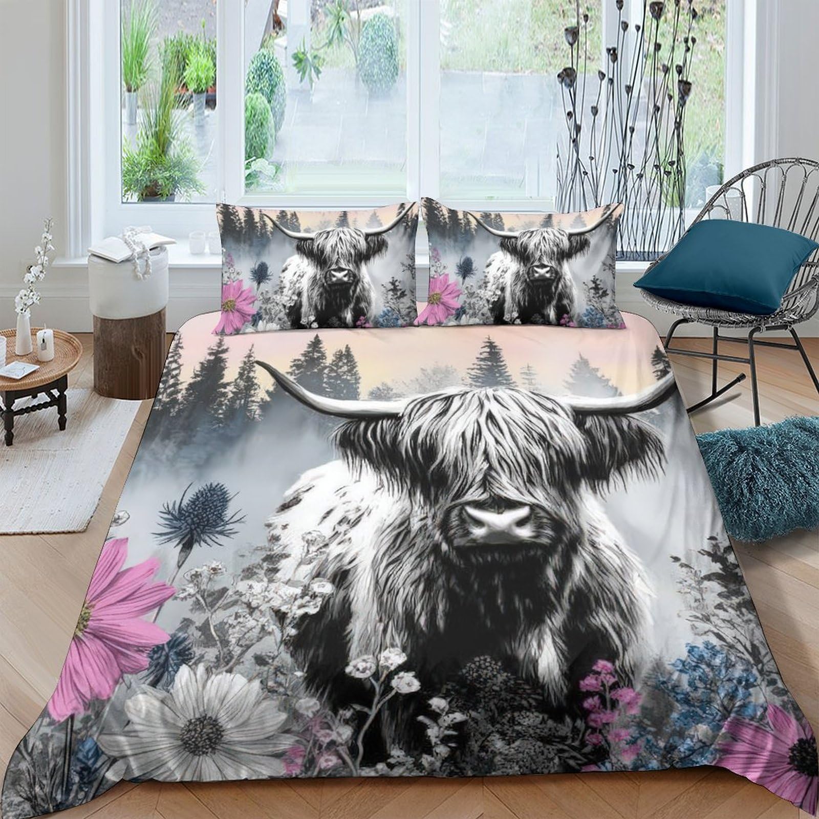 GPLZQXKJNH 3D Printed Highland Cow Duvet Cover Microfiber Soft Breathable Floral Meadow Bedding Set with 2 Pillowcases for Bedroom Decor Single（135x200cm）