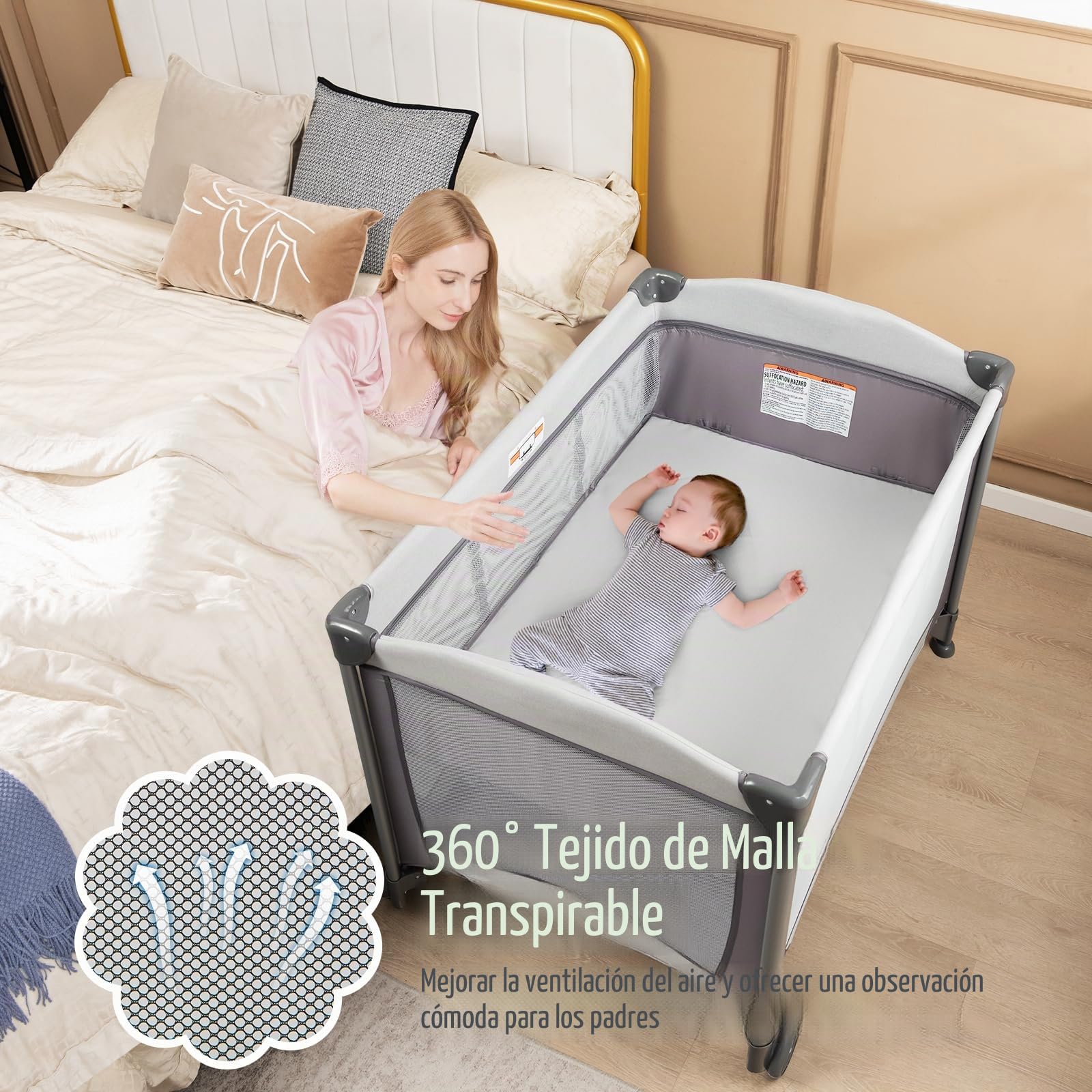 RELAX4LIFE 5 en 1 Cuna Bebé Desmontable con Cambiador de Pañales con Colchón, Estante, Juguetes Colgantes, Bolsa de Transporte y 2 Ruedas Bloqueables, Parque Infantil Bebe
