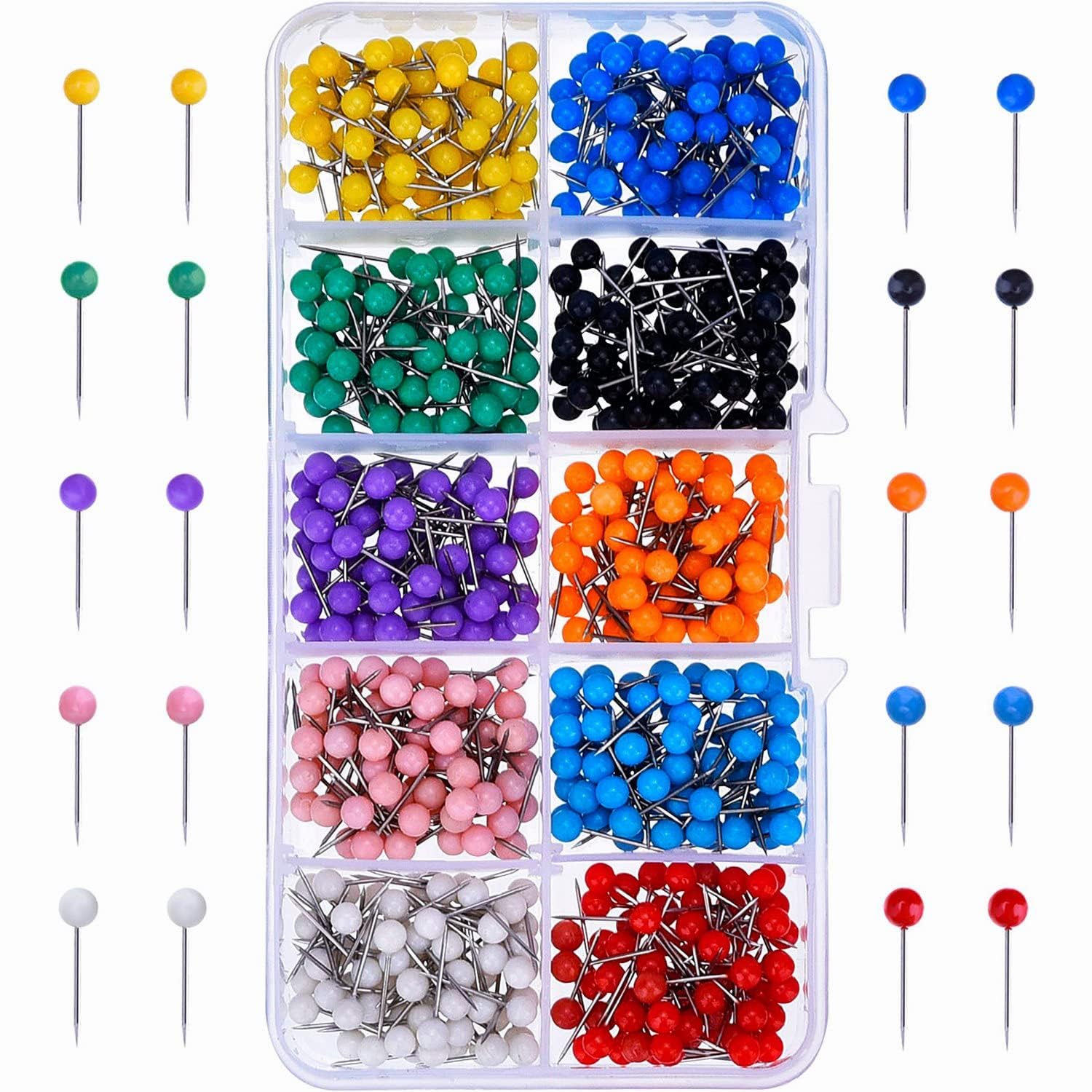 KASTWAVE 500 Pieces 1/8 inch Multi-Color Map Push Pins Map Tacks with Plastic Round Heads and Steel Needle in reconfigurable Container for Bulletin Board, Fabric Marking