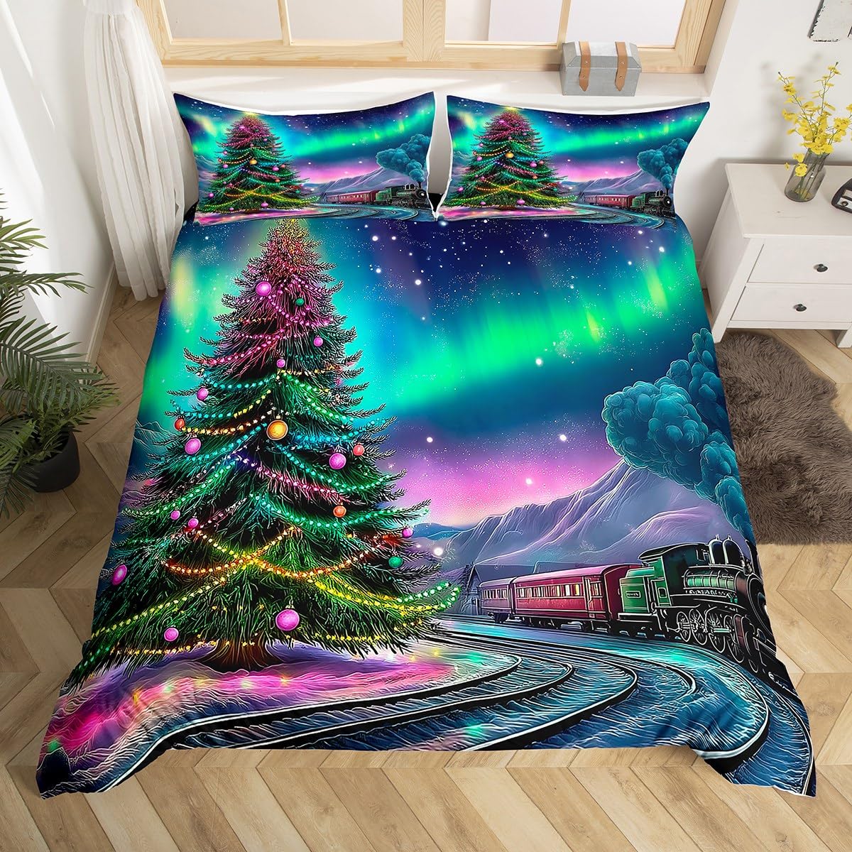 Homewish Aurora Train Bedding Set Single,Christmas Tree Duvet Cover Xmas Gifts for Kids Boys Girls,Winter Steam Train Bed Set Northern Lights Duvet Cover 2Pcs Bedroom Decor (No Comforter)