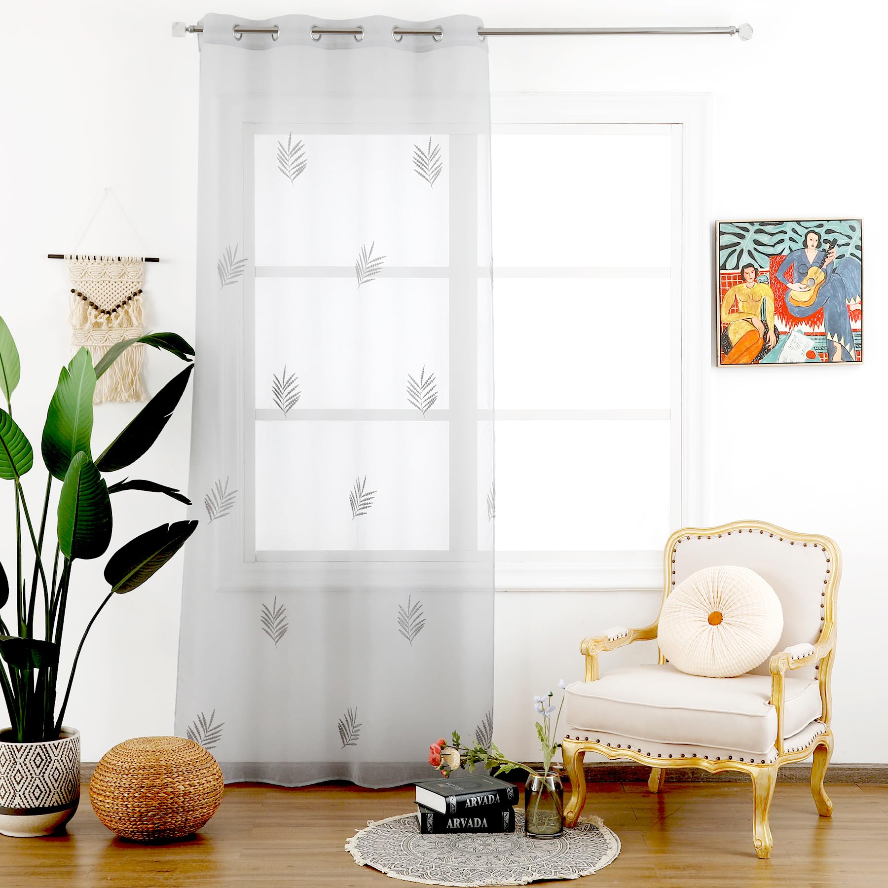 BOD HOME, Cortinas Salón Modernas, Translucidas, Cortinas Dormitorio,140x260cm (Ancho-Alto), Hermoso y Sutil Diseño Hojas, Visillos, 100% Poliéster, Variedad de Colores, 1 Pieza