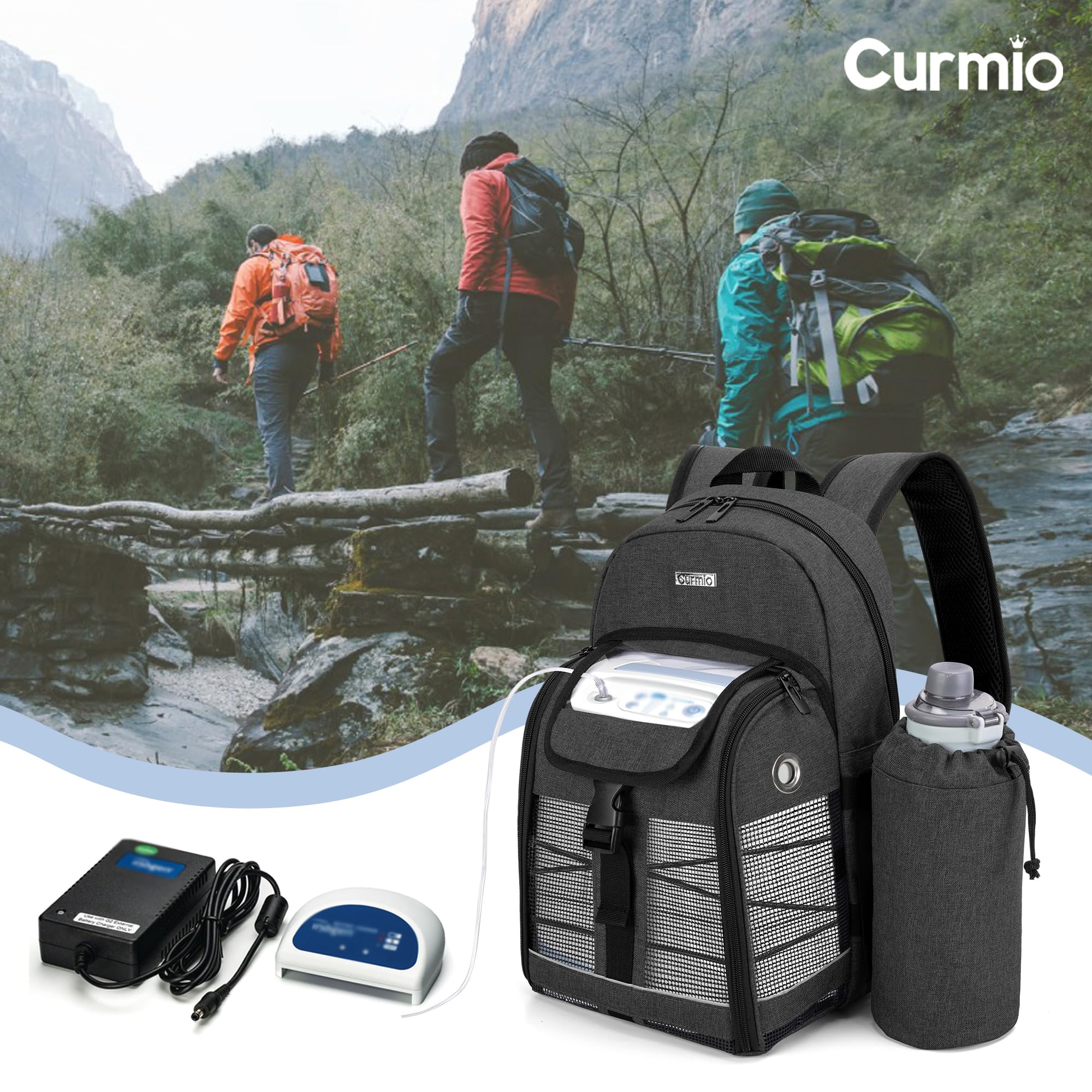 CURMIO Zaino portatile per concentratore di ossigeno, borsa da trasporto POC compatibile con unità Inogen, OxyGo e Caire, solo borsa, Nero (in Attesa di Brevetto) | Borsa per POC Universale, Rete Traspirante, Tasca per Borraccia, Compatibile con Inogen/ O