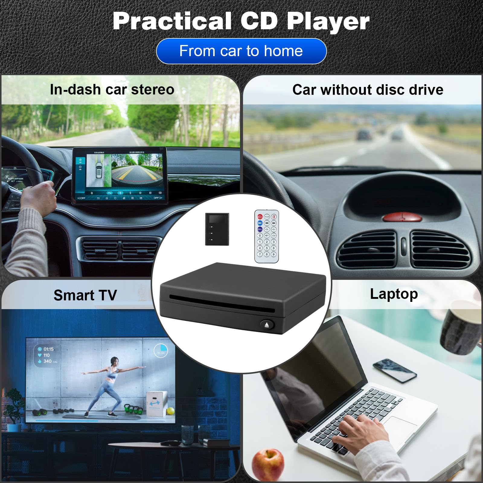 CD Player Auto Extern mit Adapter, Auto-cd-Player mit USB-Anschluss, CD/DVD Dish Box Player, Externes Laufwerk für Laptop, PC, Fernseher, Kompatibel mit Android Autoradio