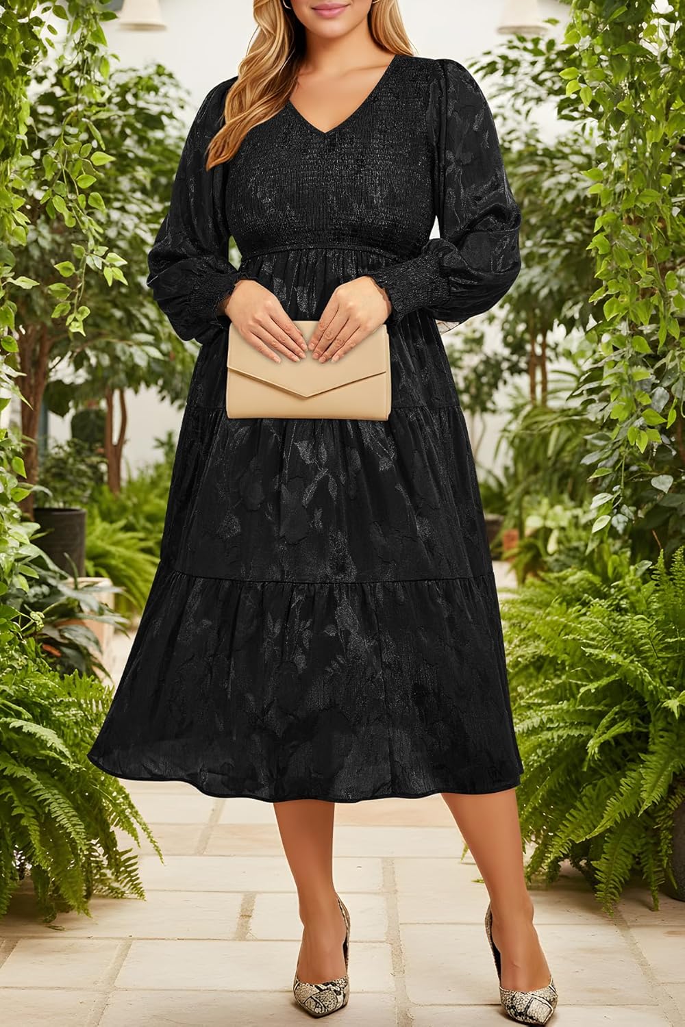 Plus Size Wedding Guest Dress - V Neck Floral Smocked Puff Sleeve Summer Fall A Line Tiered Flowy Midi Dresses 2025 - Image 3