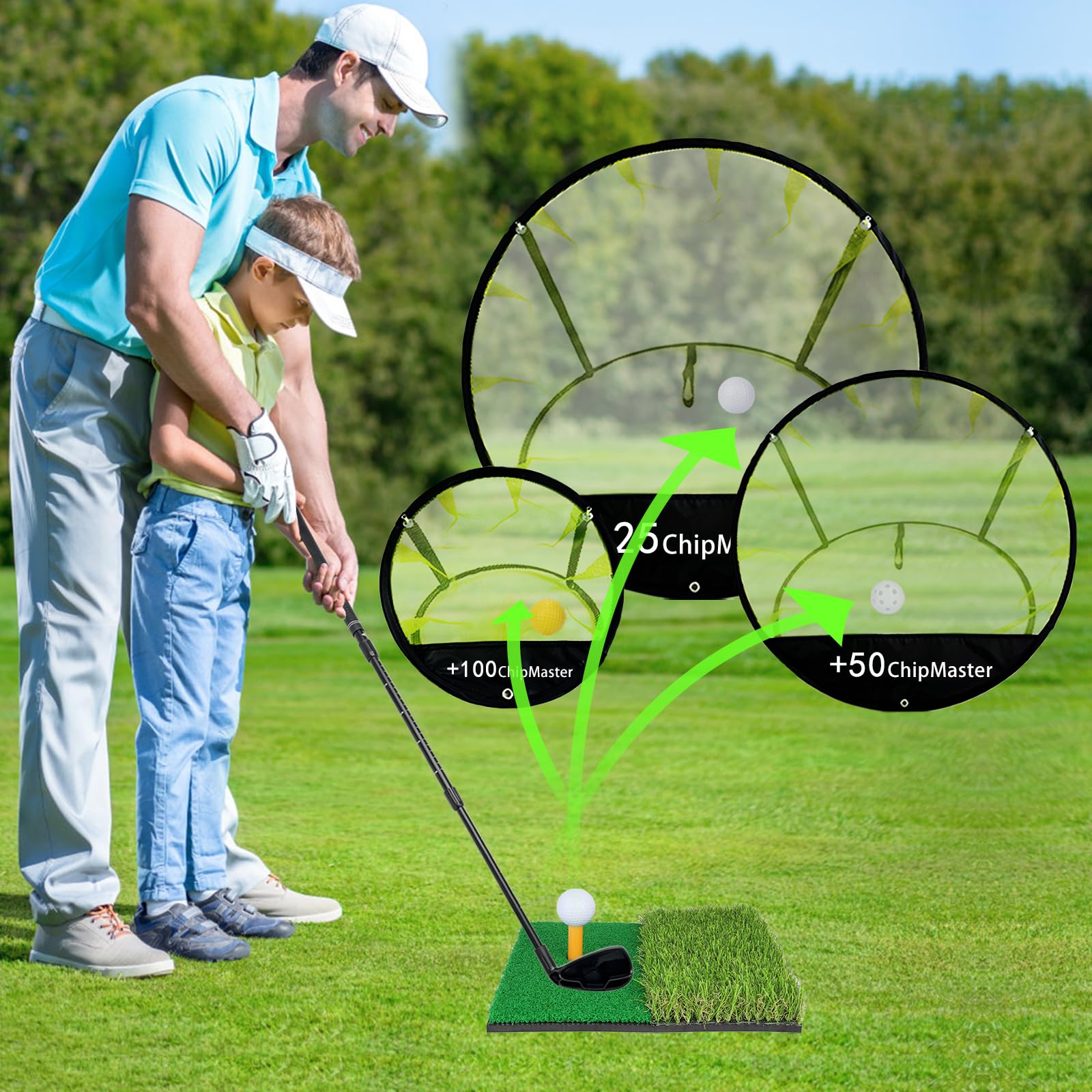 Golf Chipping Netz 6.1 x 6 x 5.35 m Golf-Übungsnetz-Set mit Rasenmatte für das Training im Innen- und Außenbereich Enthält Putter, Ball und tragbare Aufbewahrungstasche
