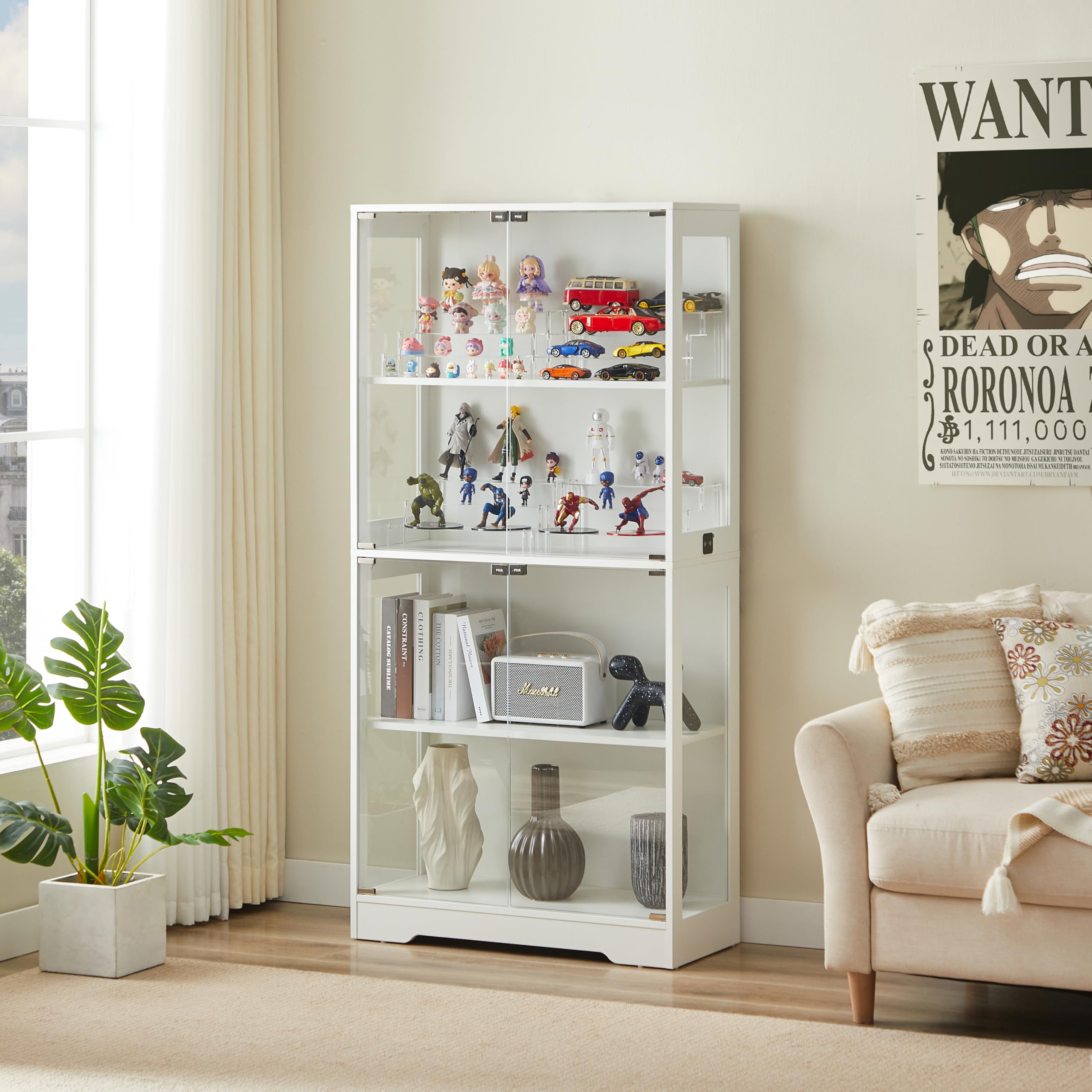 STAPERFO Vetrina in vetro con illuminazione a LED e sensore di movimento, 80 x 35 x 165 cm, bianco, vetrina a quattro piani con ante in vetro, vetrina in vetro antipolvere per soggiorno, vetrina per