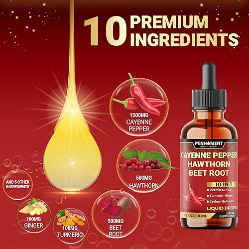 Miniatura 3 de 10 en 1 3000 mg de pimienta de cayena espino baya vitamina D3 K2 raíz de remolacha jengibre gotas líquidas y más  Apoyo a la digestión  1 onza