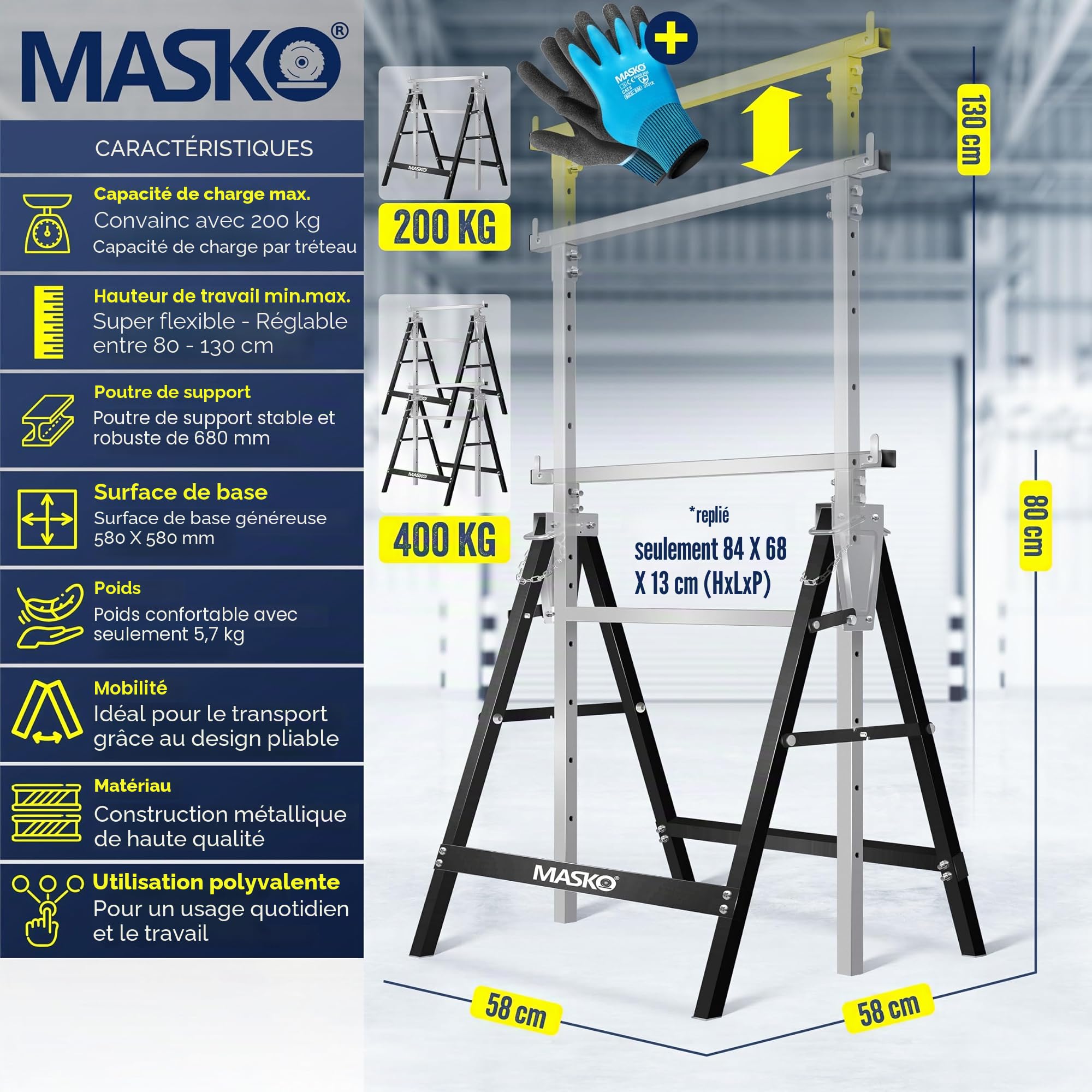 MASKO® Lot de 4 tréteaux de travail télescopiques - Charge maximale : 200 kg - Hauteur de travail min/max : 800-1300 mm - Avec gants - Noir
