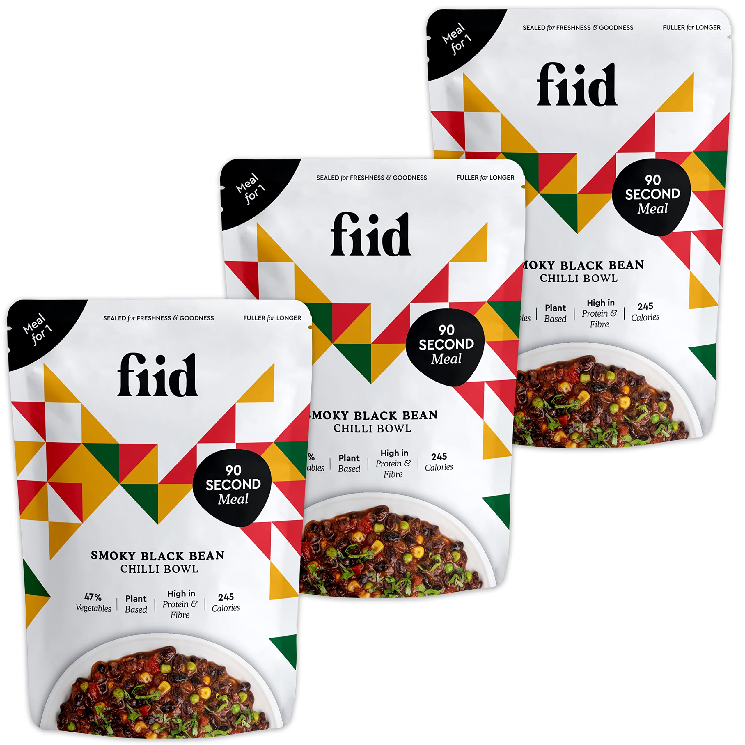 Fiid 100% Natural Vegan Microwave Ready Meals - Mexican Black Bean Chilli - 3 x 275g (Vegetarian Food Pouch, High in Fibre & Protein, Low in Sugar, Gluten Free, Fat Free)