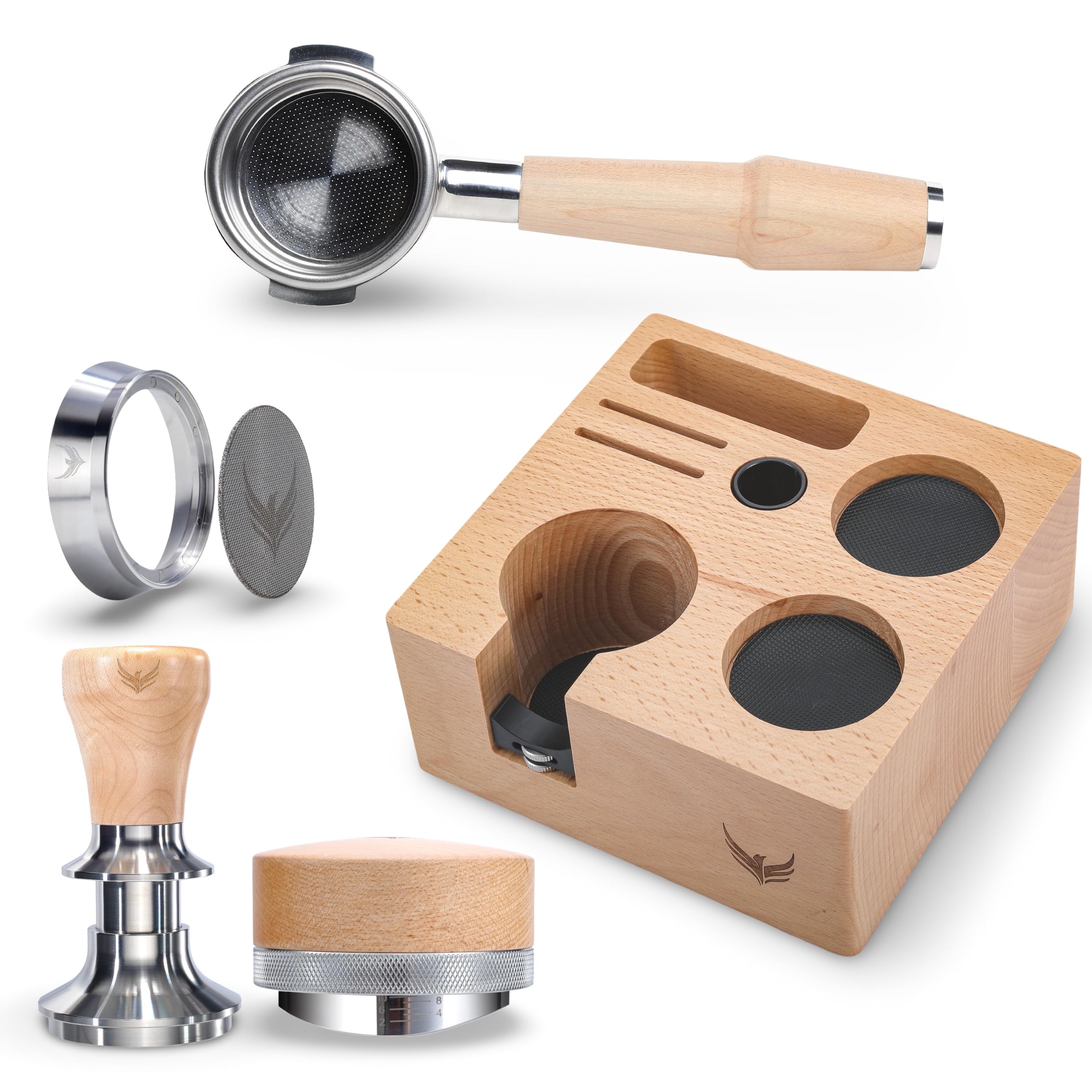 Espresso Zubehör Set 58mm E61 Ahorn & Buche – Bodenloser Siebträger, Kalibrierter Tamper, Kaffee-Verteiler, Tamperstation & Dosierring mit Puck Screen Für E61, Rocket, Lelit & ECM