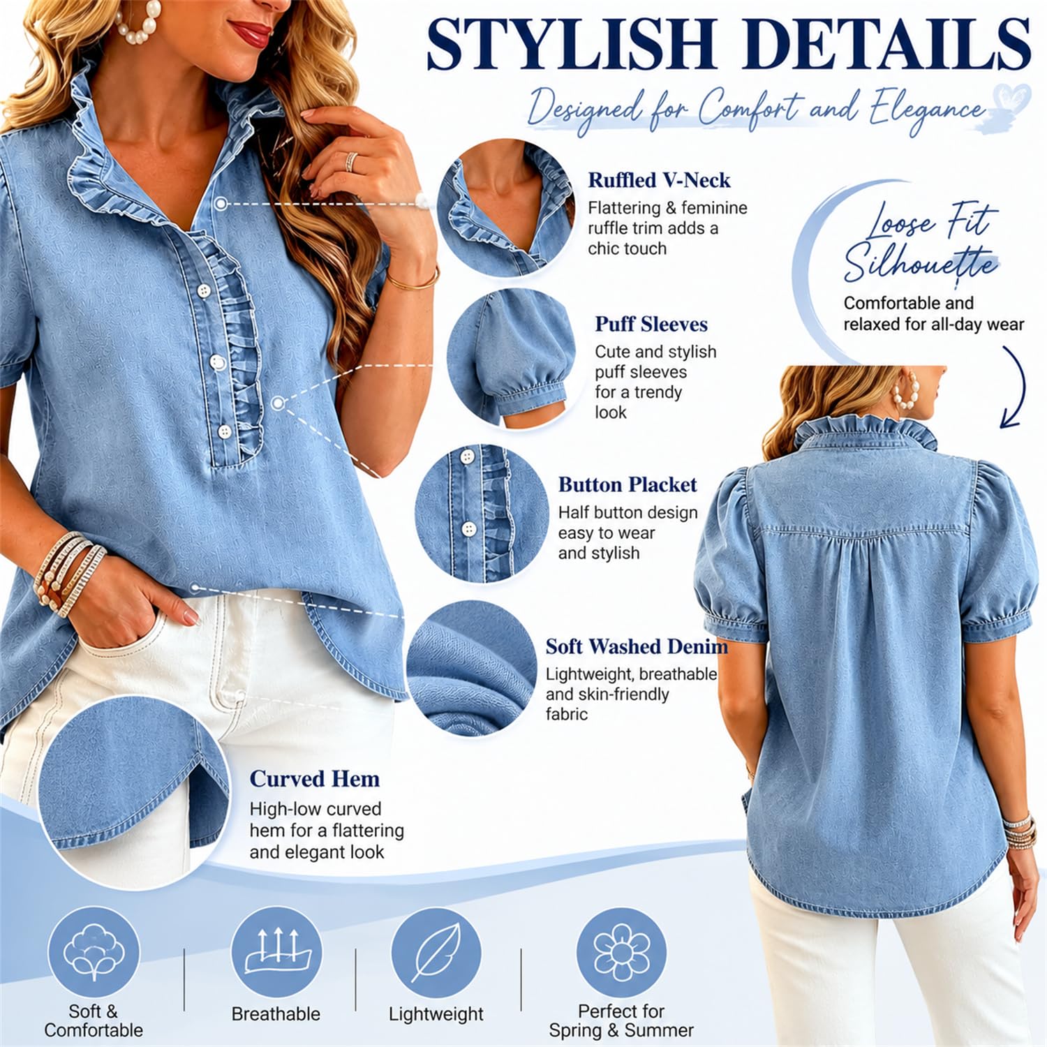 Camisa Vaquera para Mujer Estilo Y2K con Volantes, Blusa de Verano con Mangas abullonadas, Top Holgado de Cuello en V y Manga Corta para Uso Diario