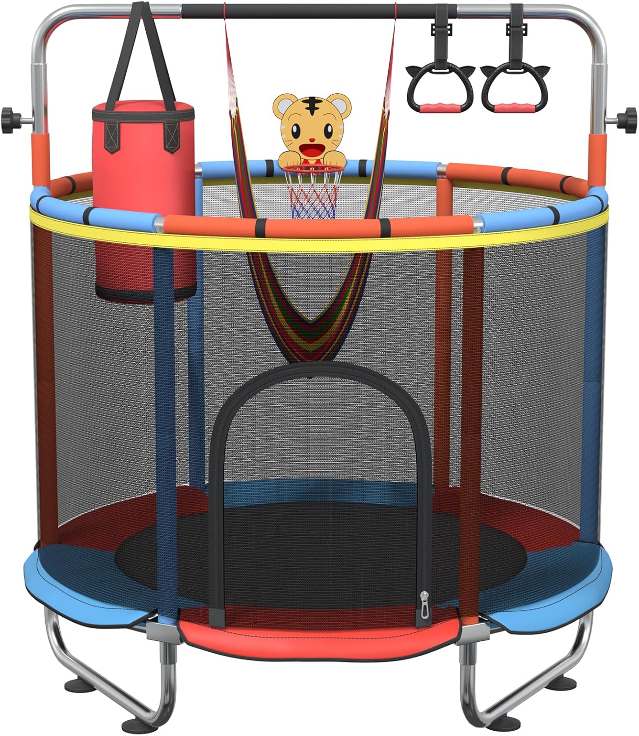 60" Toddler Trampoline for Age 2-4, 5ft Mini Kids Trampoline Indoor with Basketball Ball Adjustable Gymnastics Bar & Toys Swing Enclosure Net for Backyard ASTM Approved