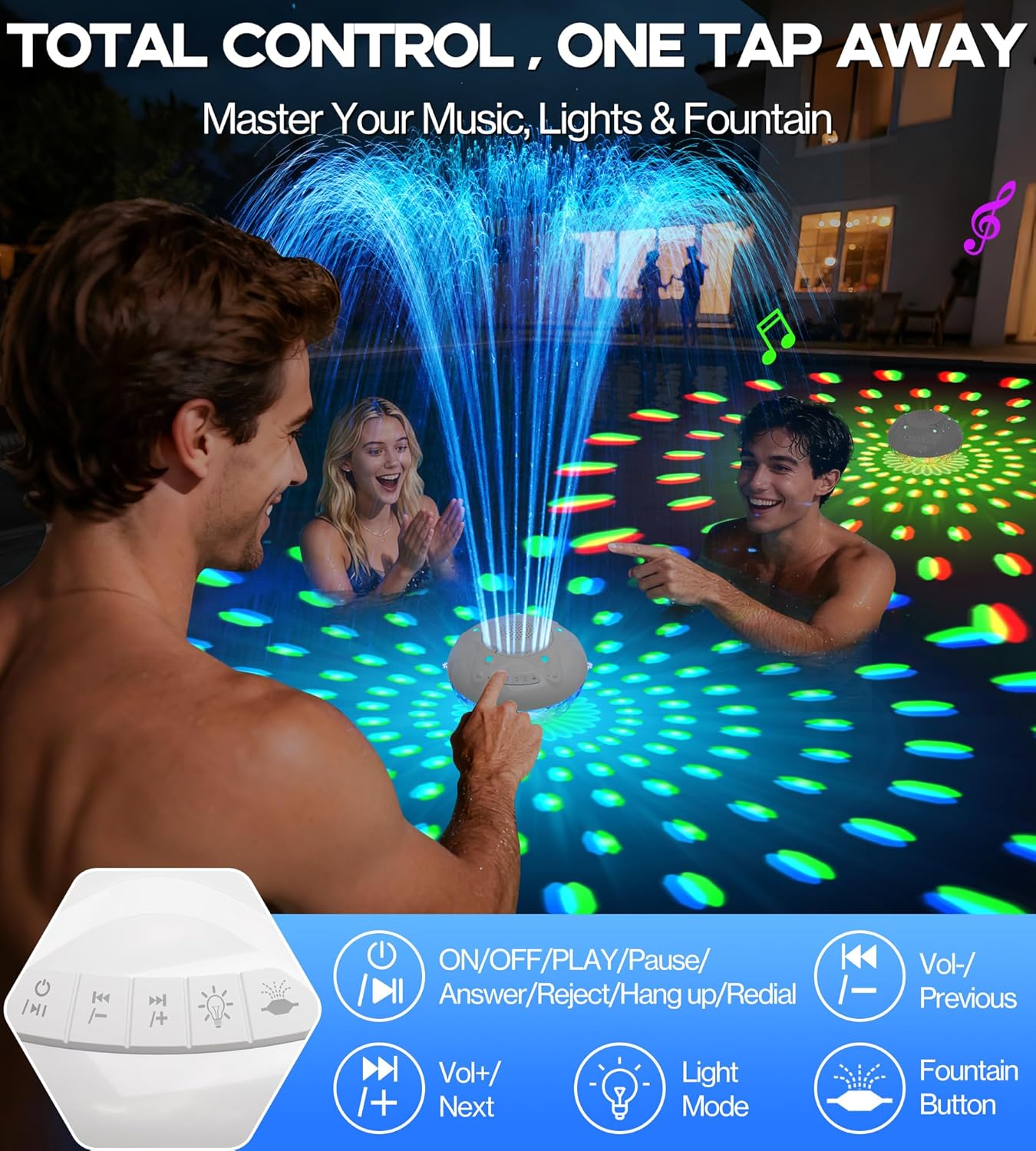 Luxfero 3 in 1 Pool Fountain with Bluetooth Pool Speaker, Floating Pool Fountain with Lights, IP68 Waterproof Hot Tub Speaker Pool Water Fountain Pump, BT5.4, Loud Sound Pool Fountain Speaker-White